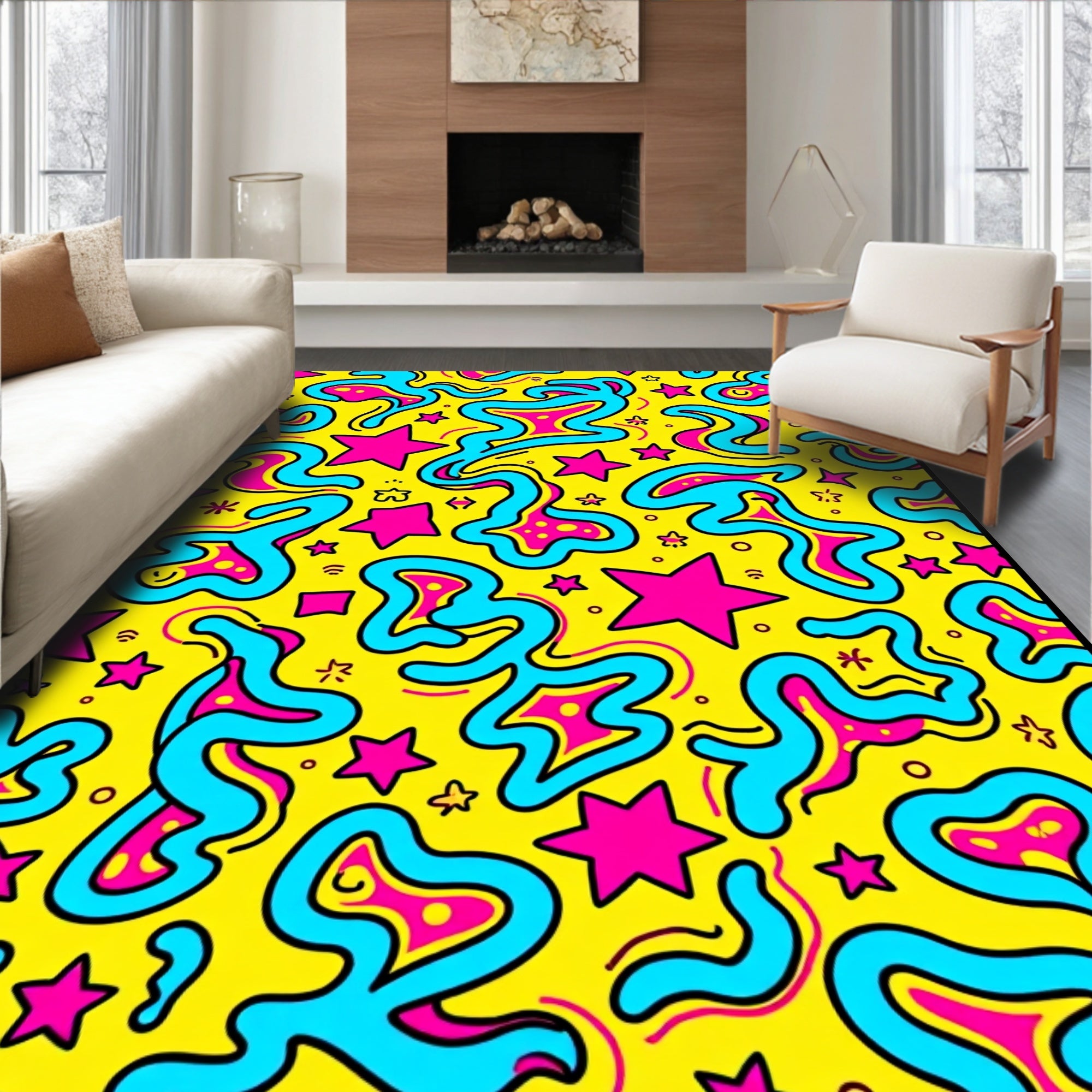 Retro Yellow Blue Pink Swirl Stars Rug