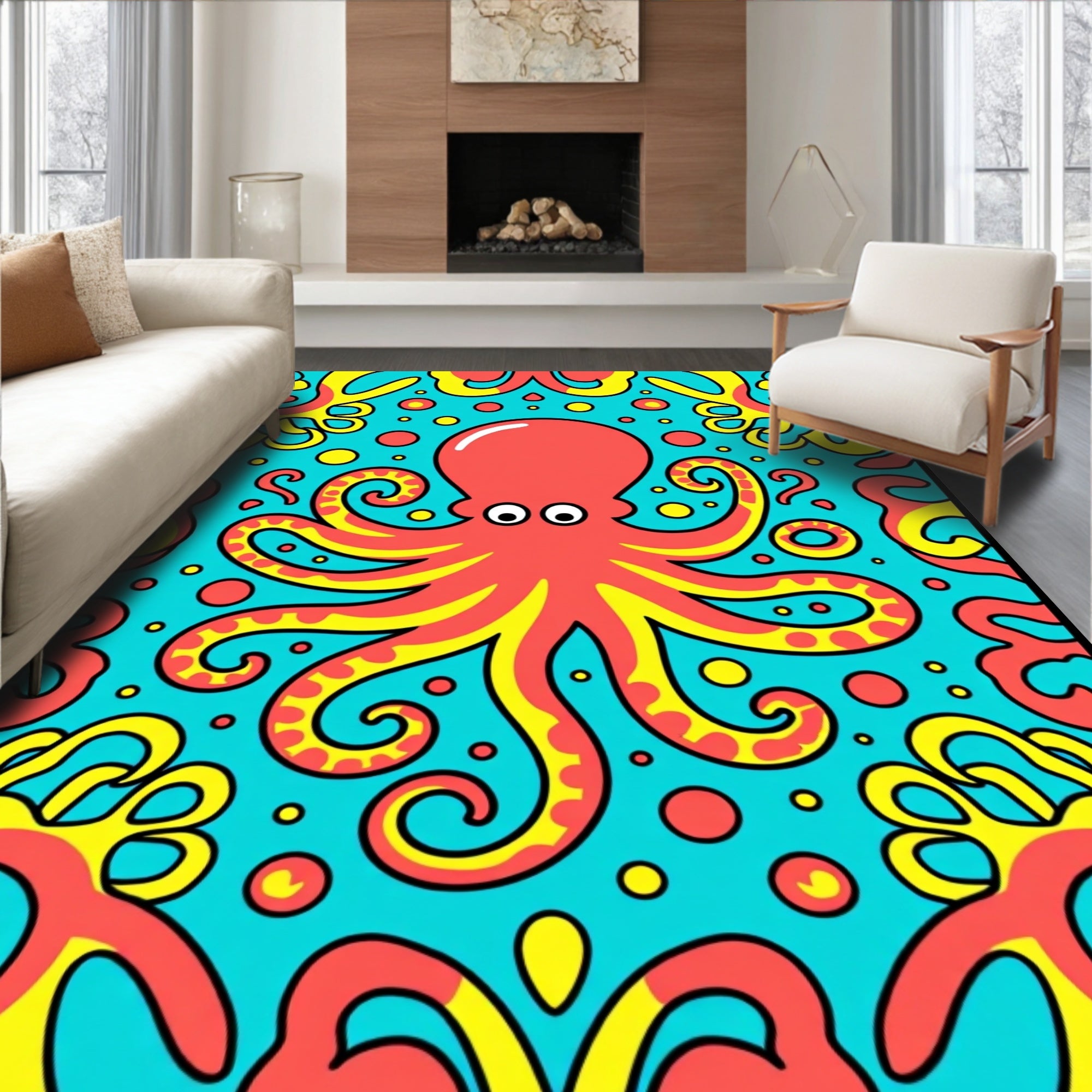 Coral Octopus With Yellow Tentacle Swirls Rug