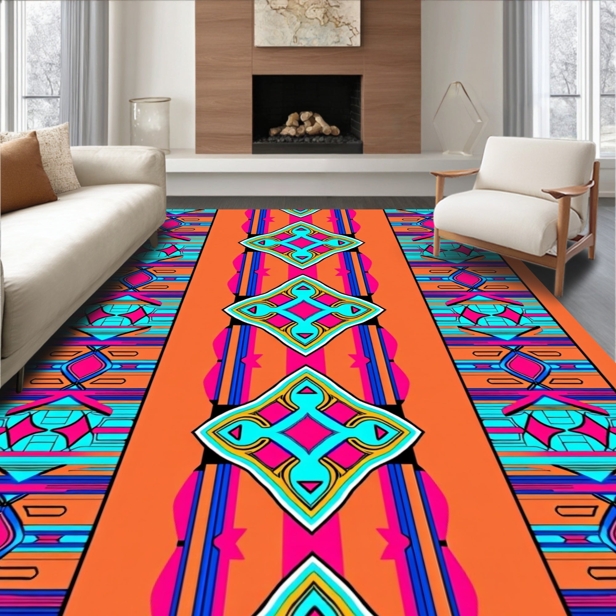 Vibrant Orange Geometric Tribal Diamond Rug