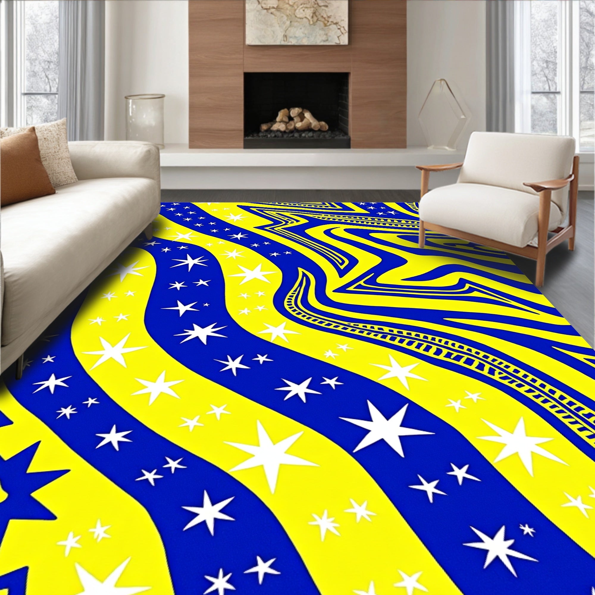 Vibrant Blue Yellow Starry Stripes Rug