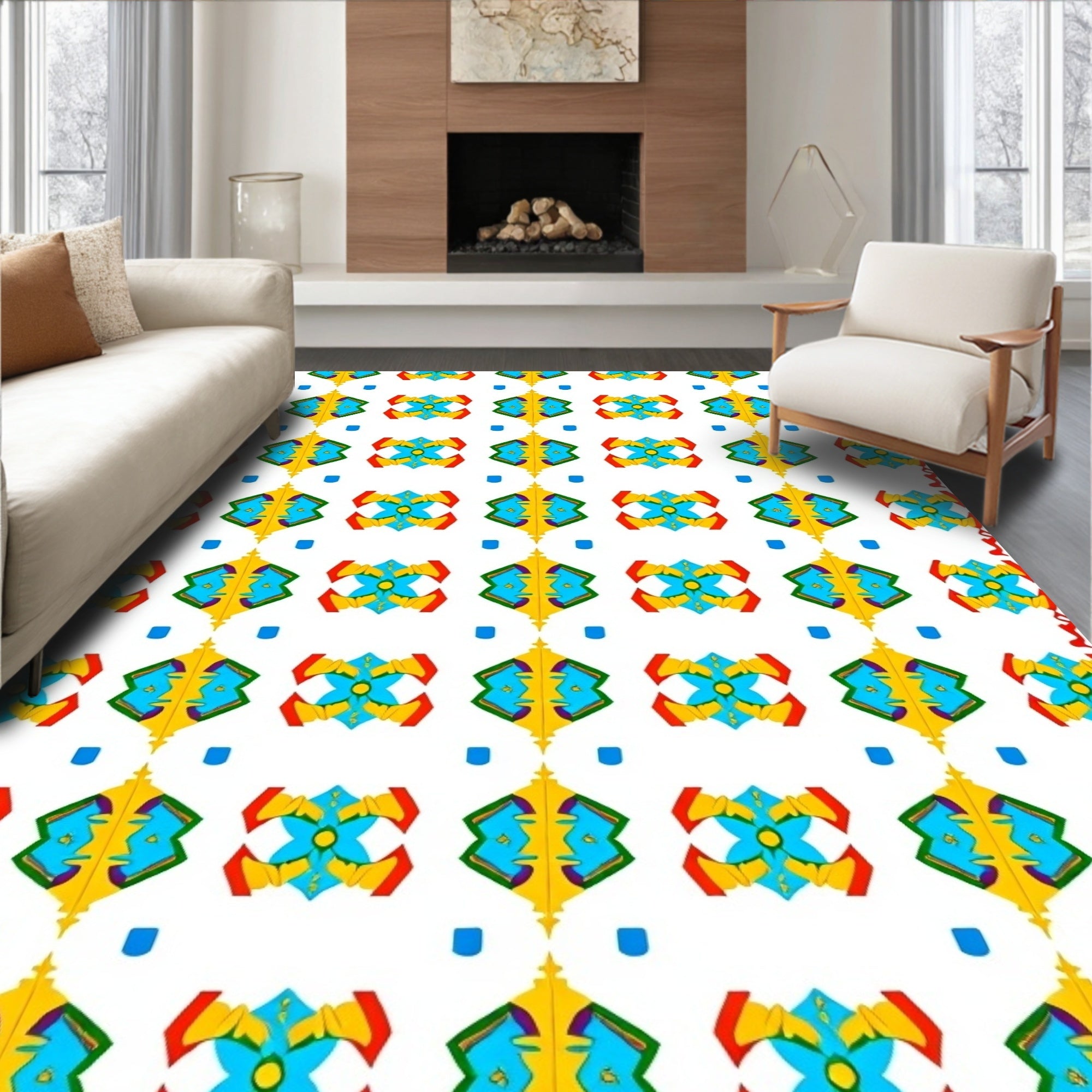 Vibrant Yellow Blue Geometric Kaleidoscope Rug