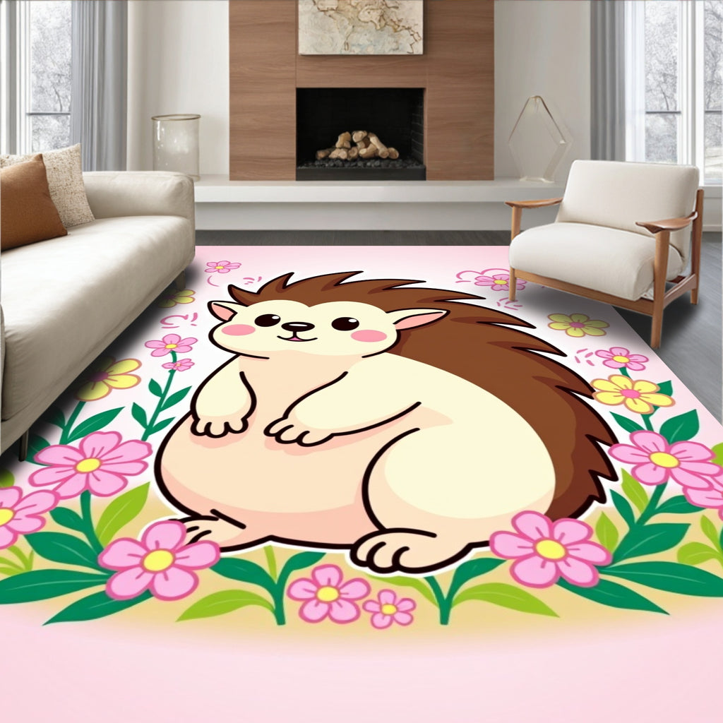 Cute Hedgehog Amongst Pink Flowers Rug