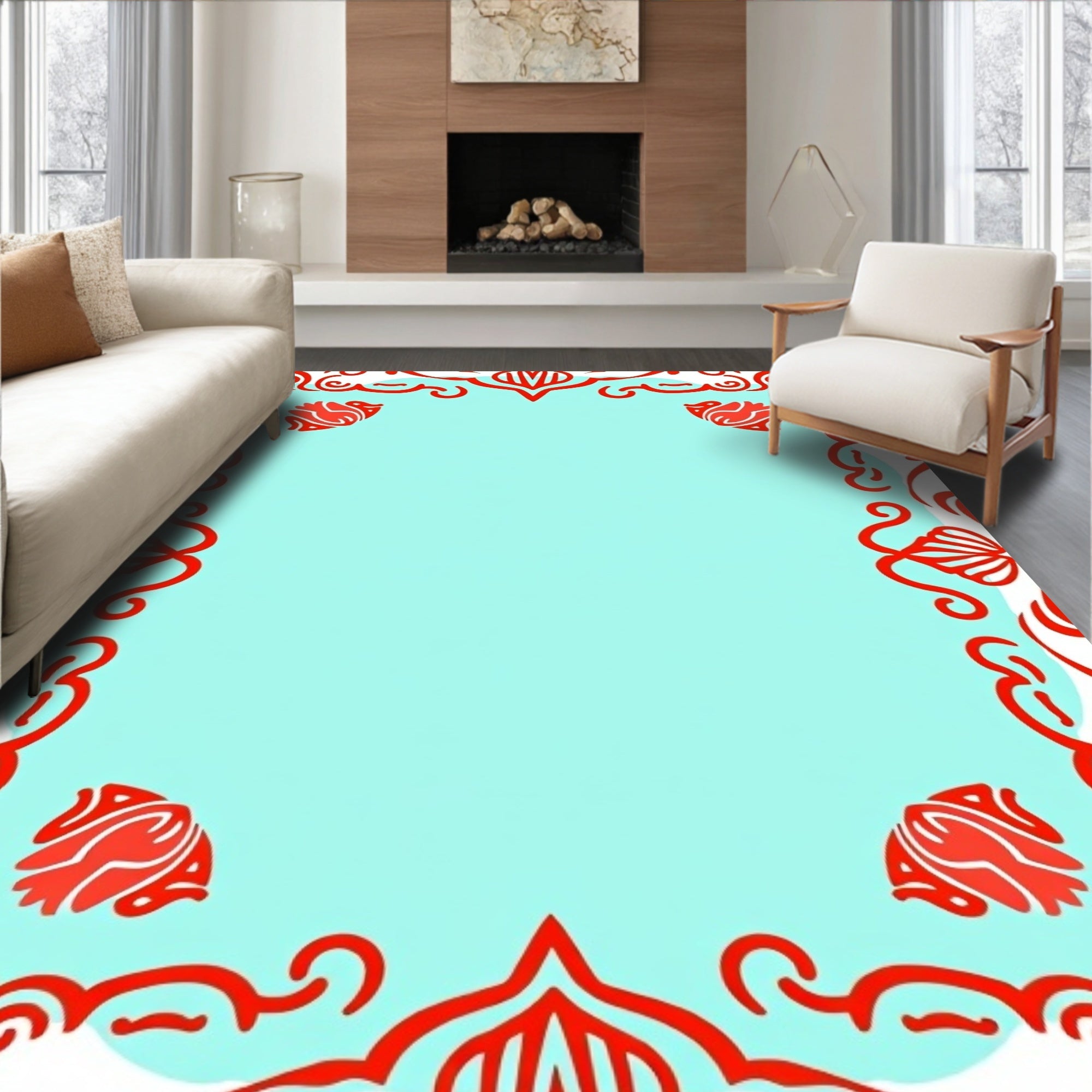 Bright Red Floral Border Light Blue Rug