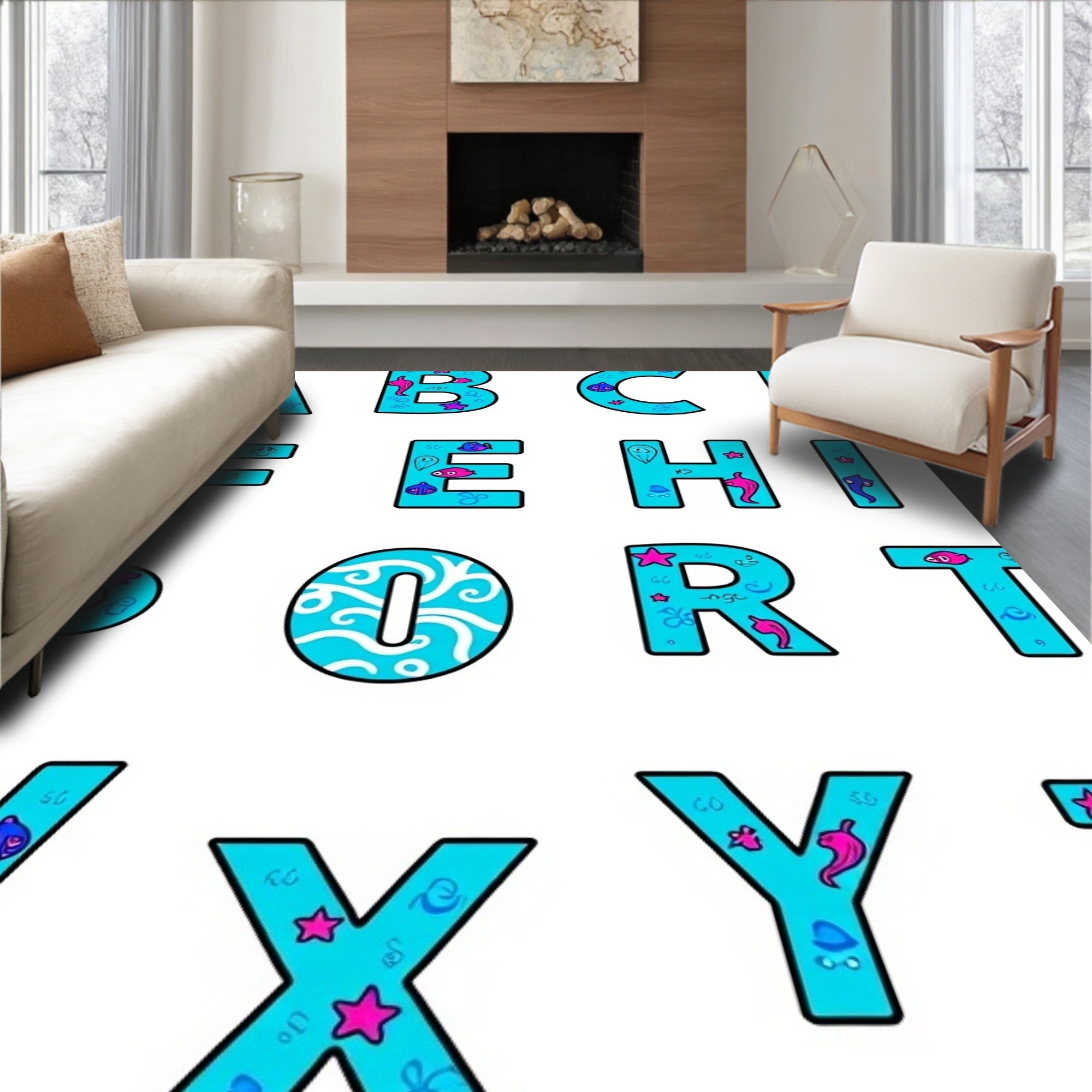 Aqua Aquatic Alphabet Characters Rug