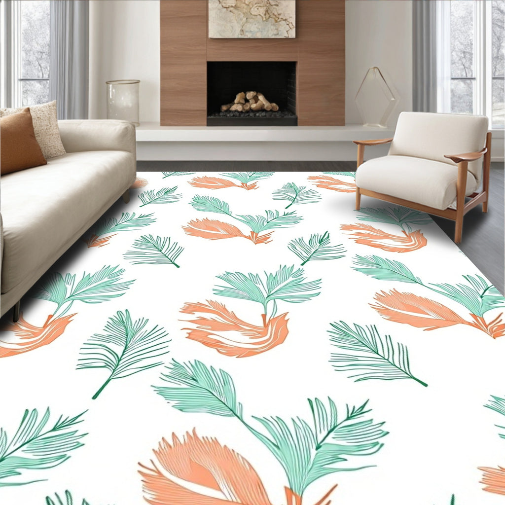Coral Teal Leafy Branch Arrangement Rug