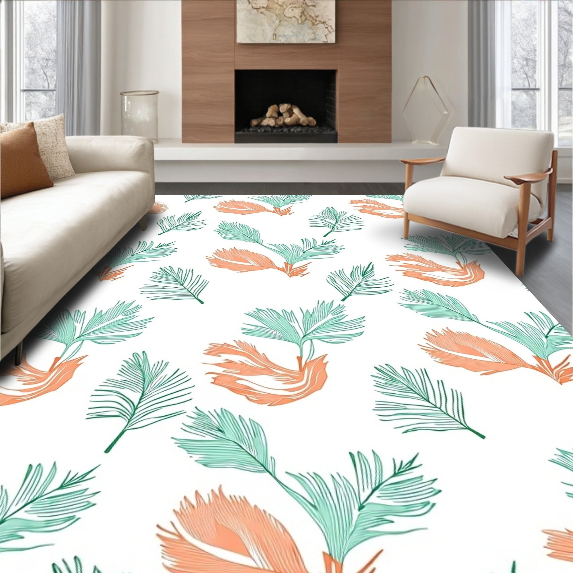 Coral Teal Leafy Branch Arrangement Rug