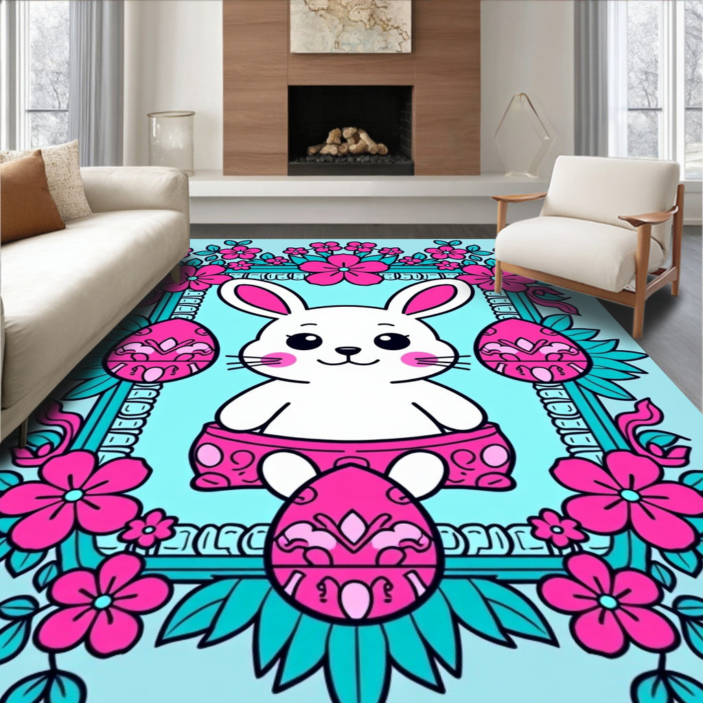 Whimsical Bunny Pink Floral Easter Egg Rug