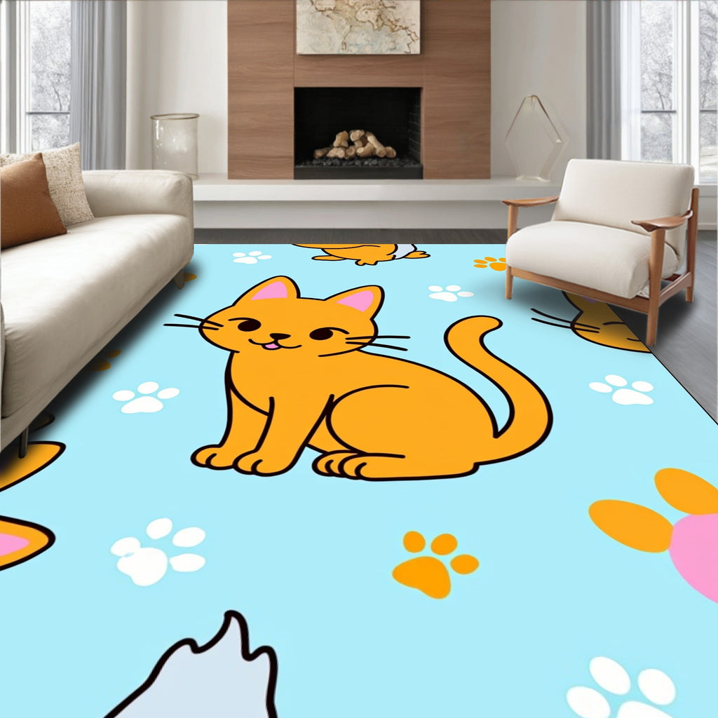 Cute Orange Cat Paw Print Repeat Rug