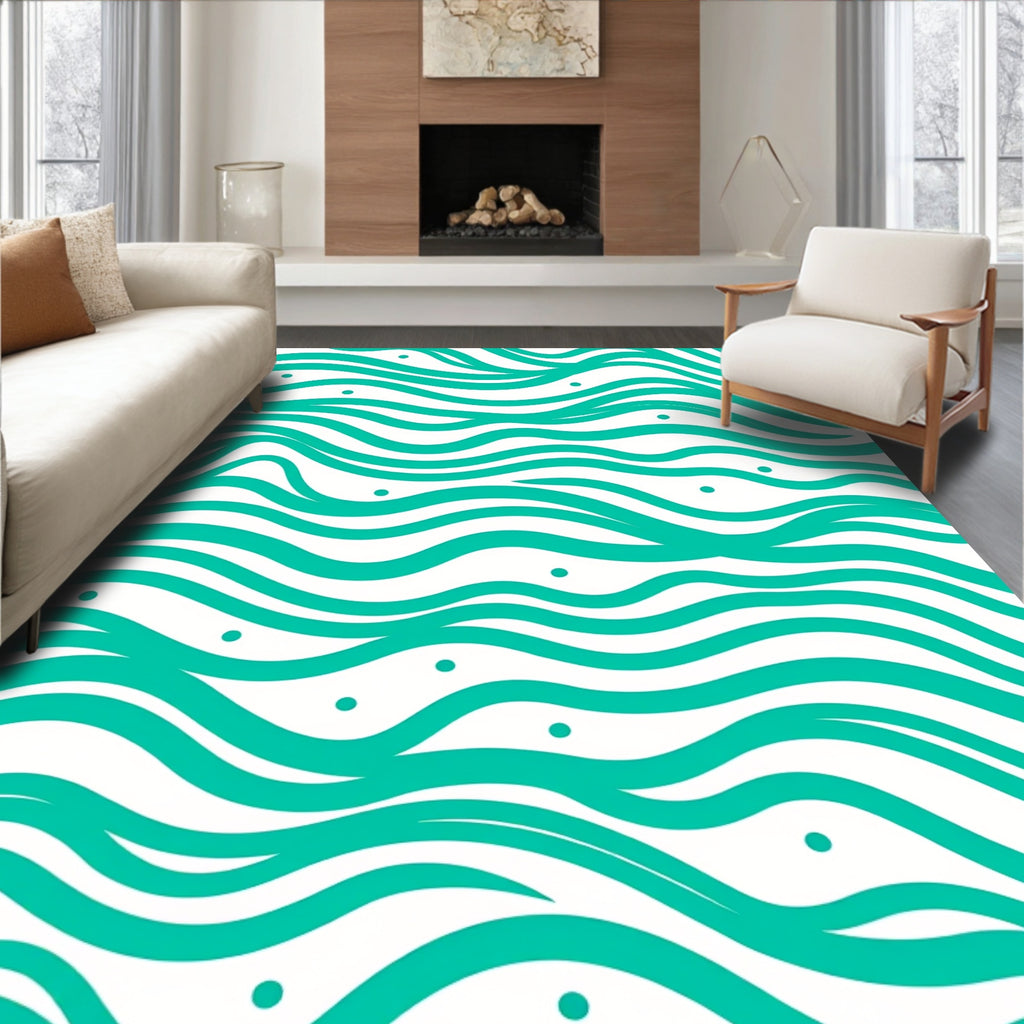 Teal White Wavy Stripe Dot Rug