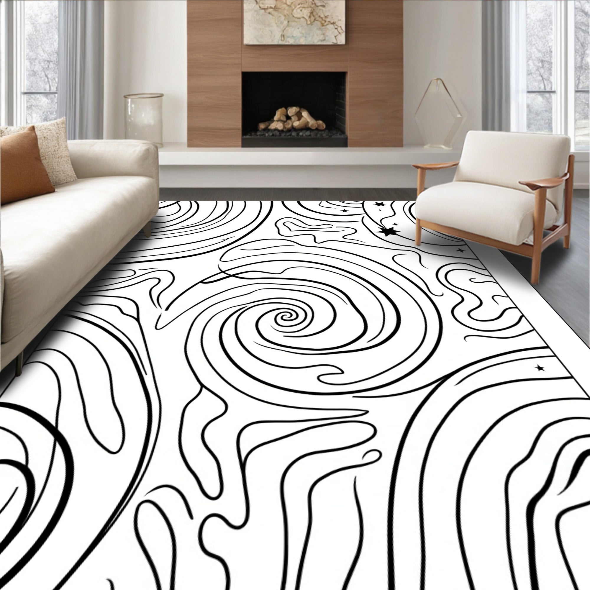Abstract Black Swirls and Stars Rug