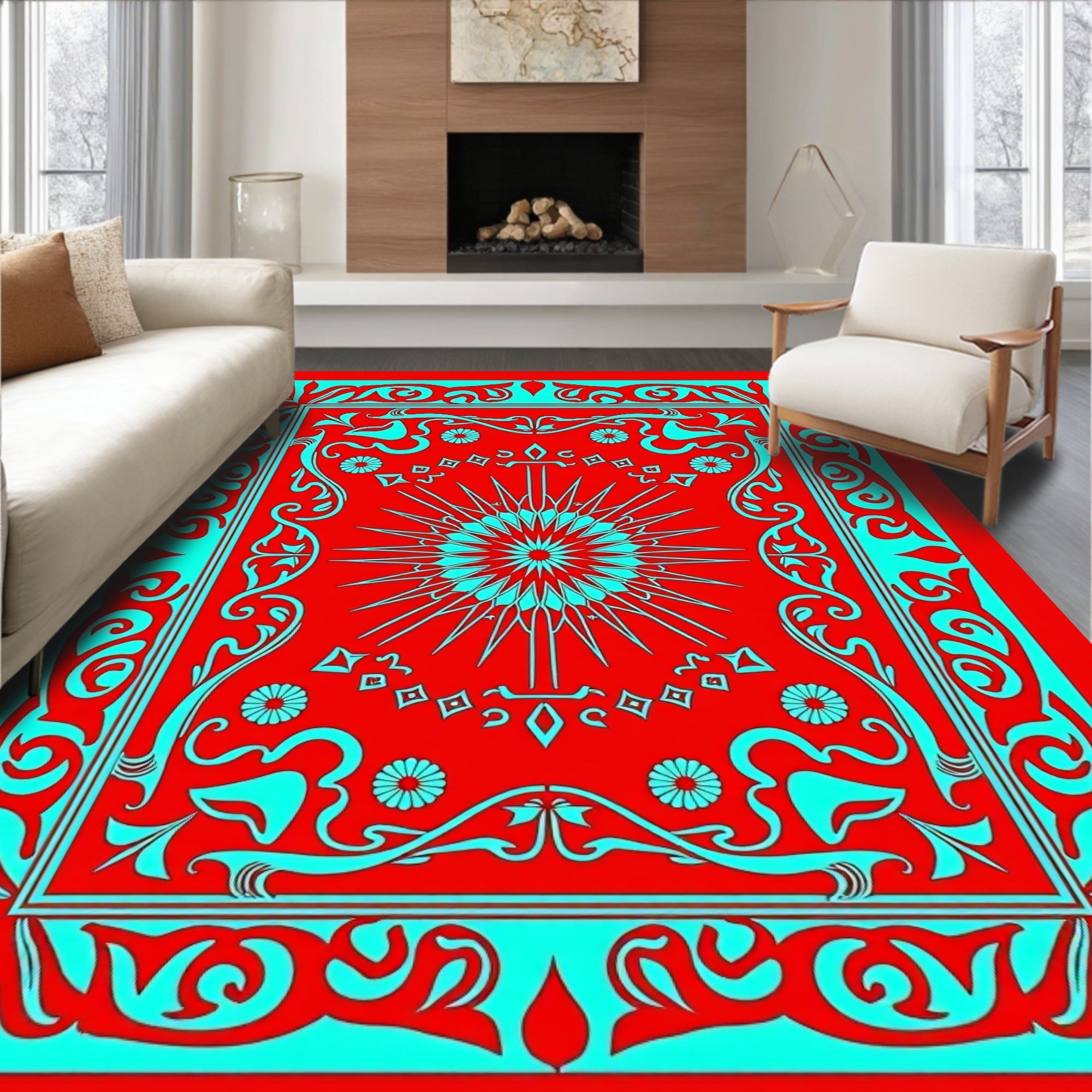 Crimson Blue Sunburst Ornate Rug