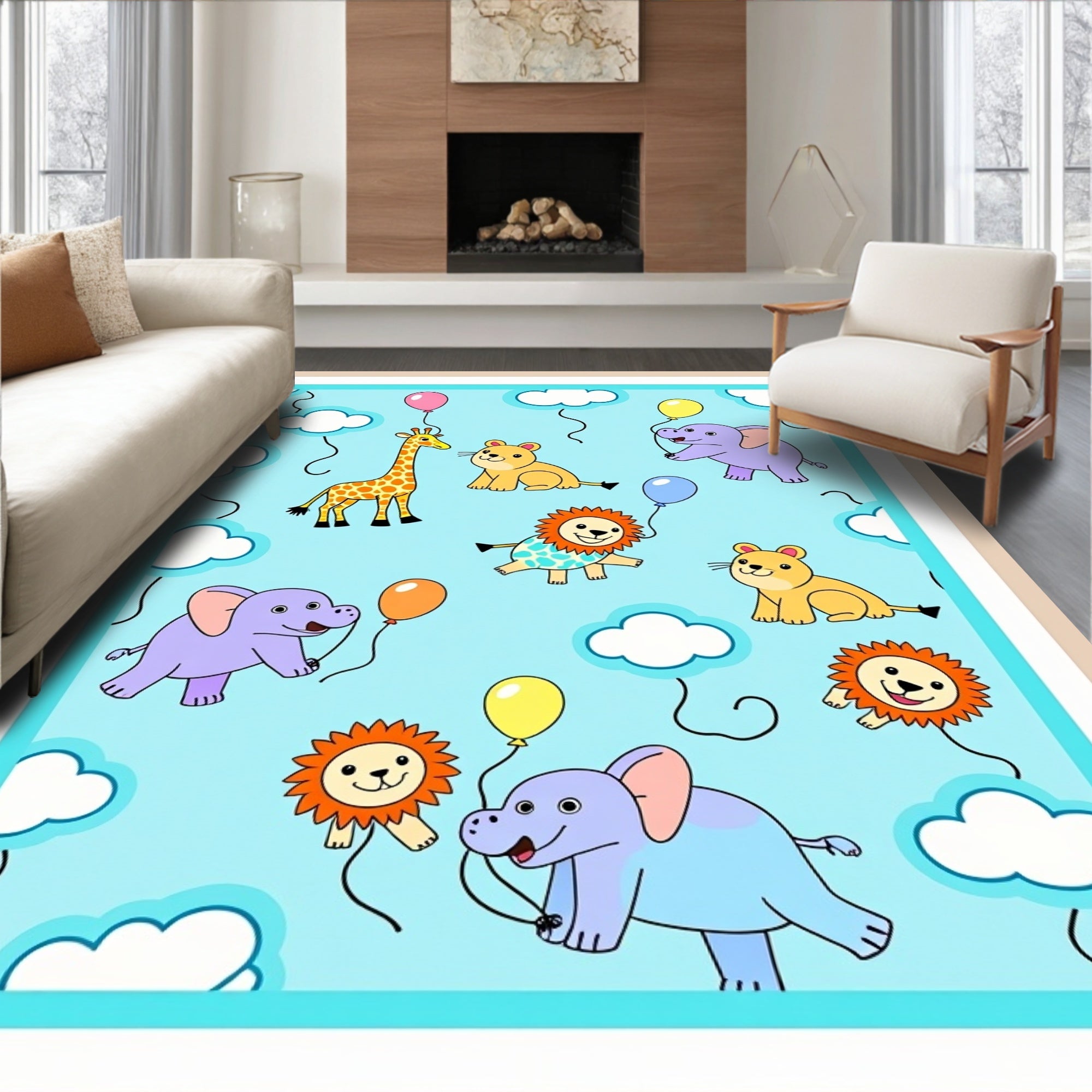 Cute Animals Balloons Sky Clouds Children's Rug