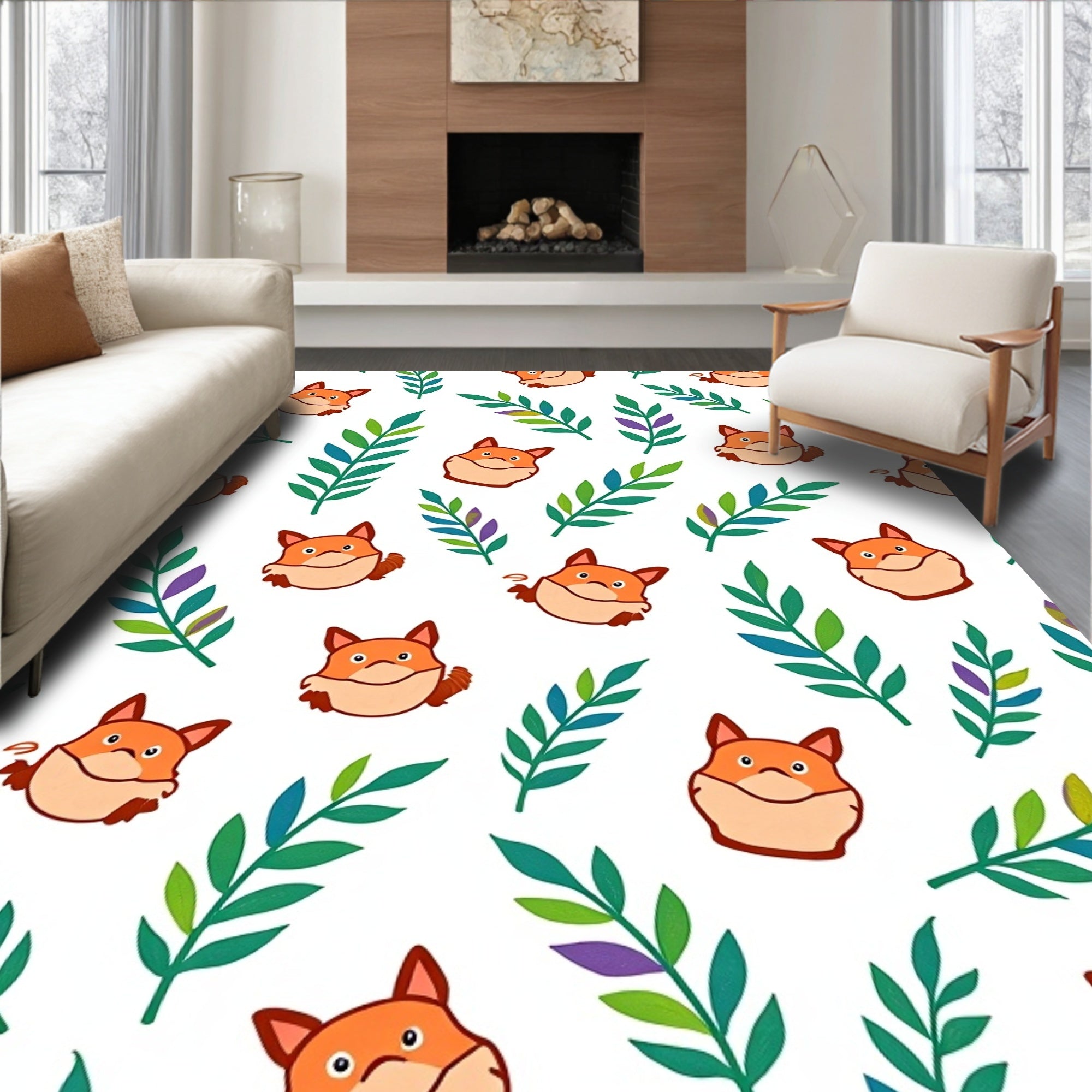 Whimsical Fox Leafy Branch Background Rug