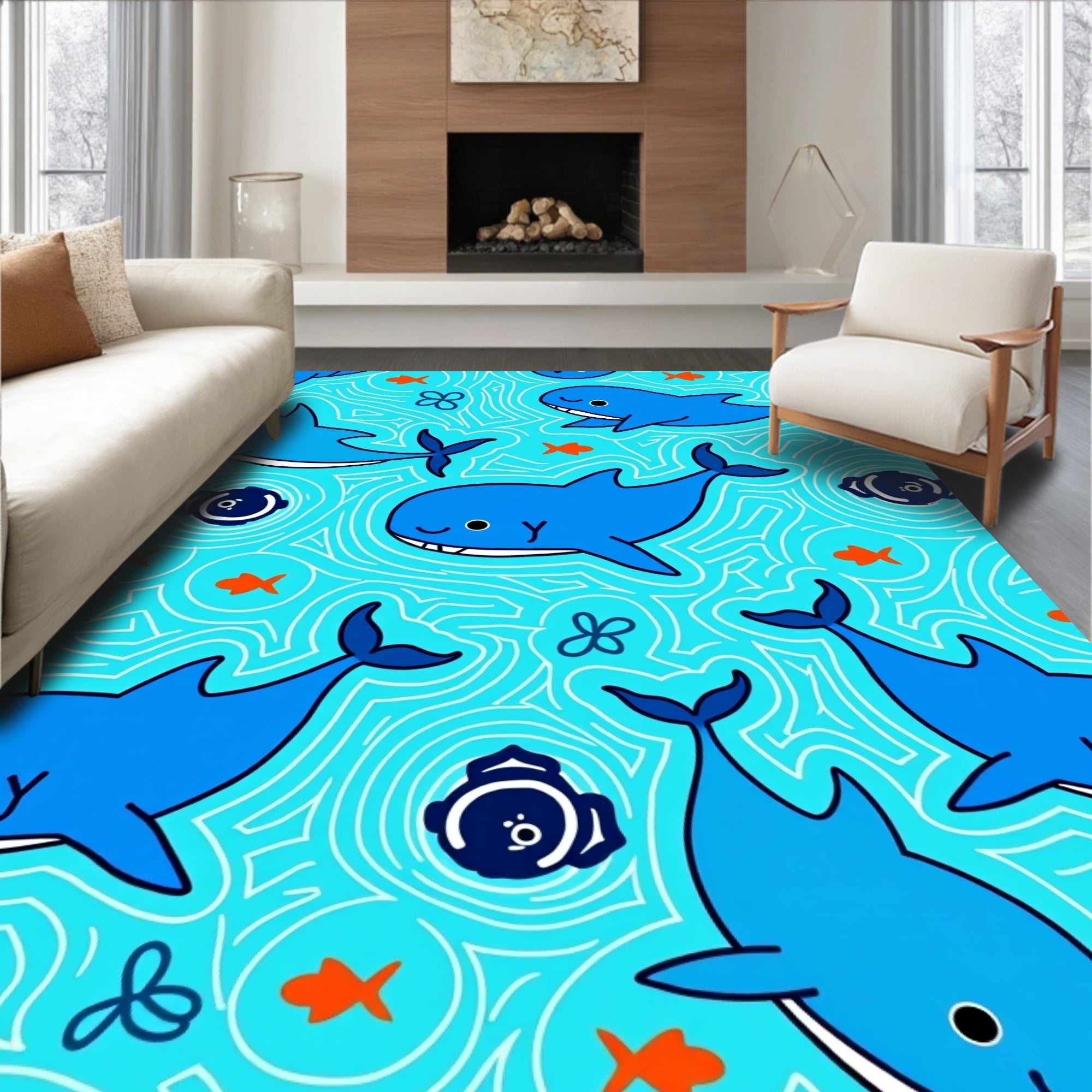 Blue Whales Under Ocean Waves Rug
