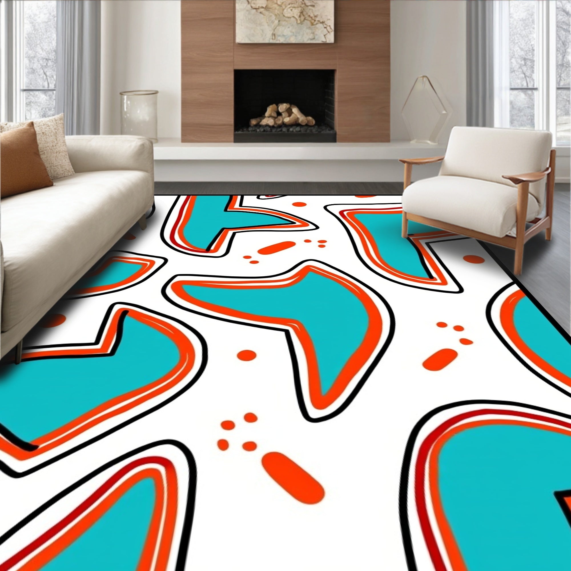 Aqua Orange Abstract Shapes Rug