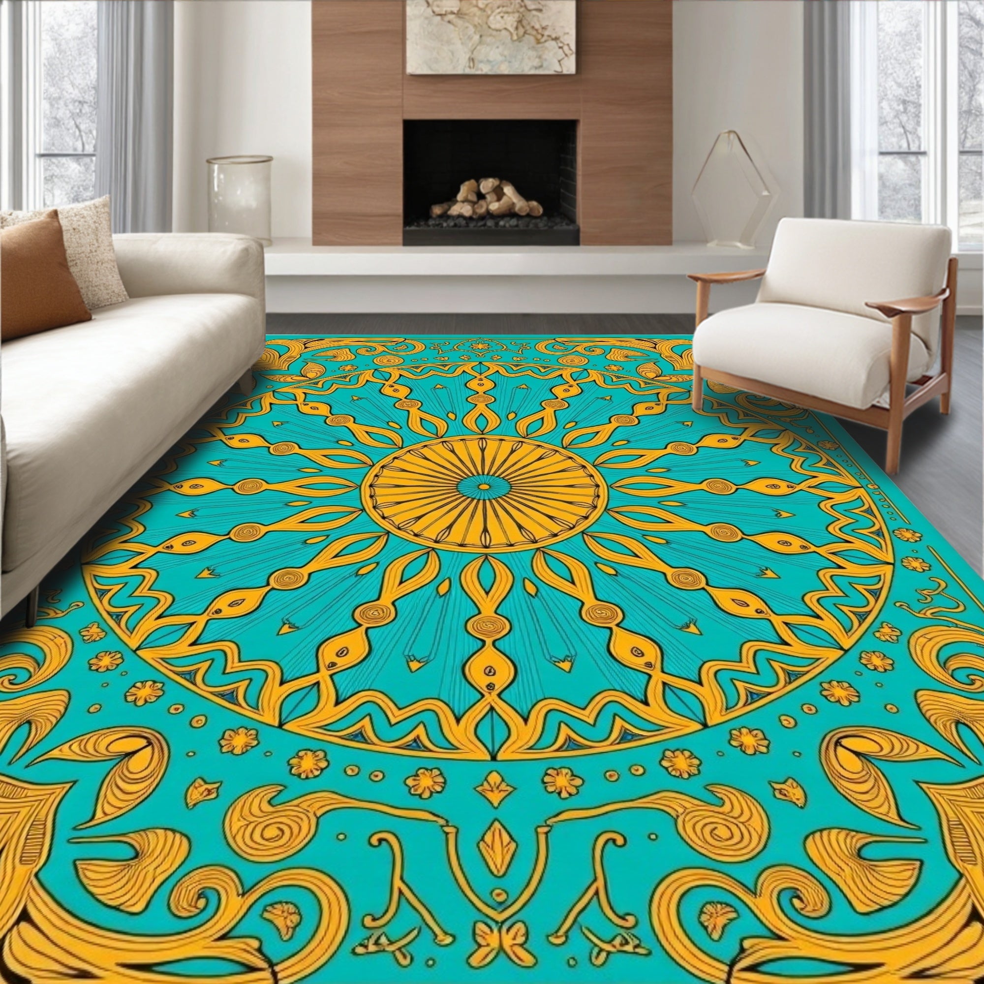 Golden Sunburst Turquoise Mandala Rug