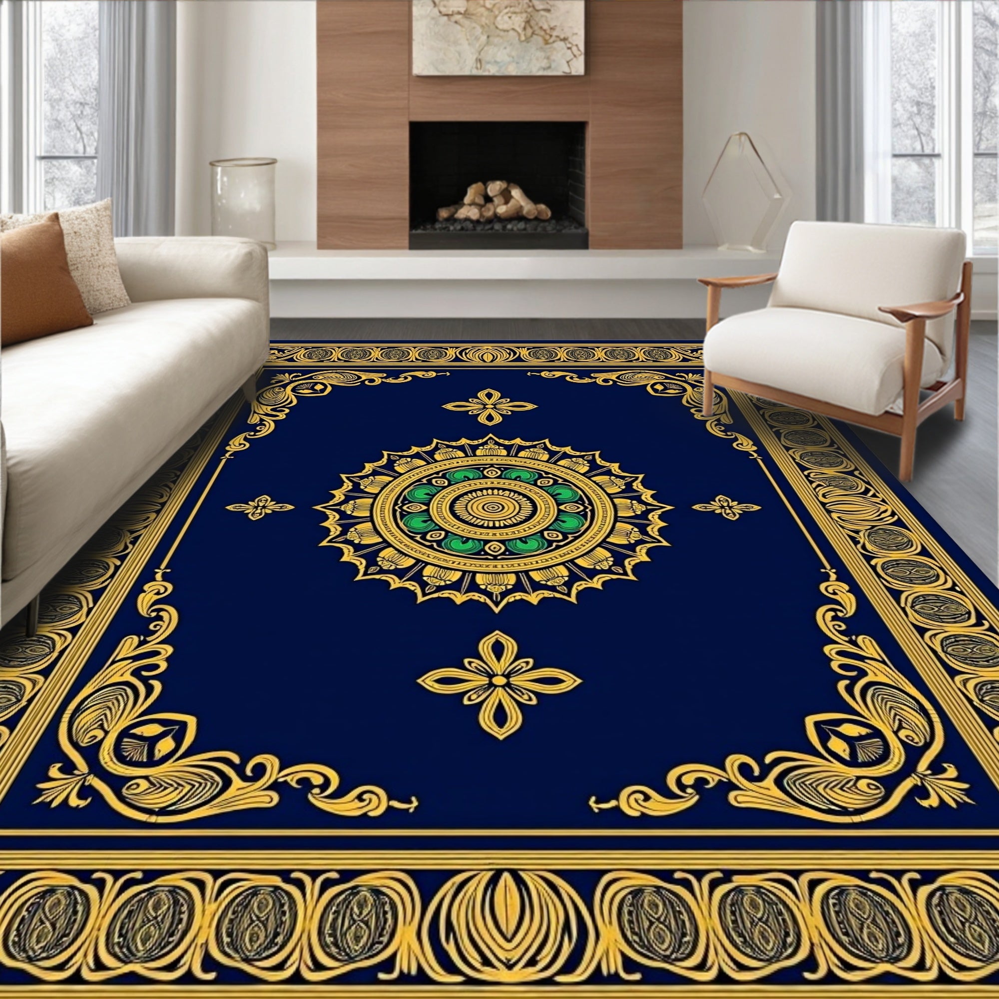 Navy Gold Ornate Floral Medallion Rug