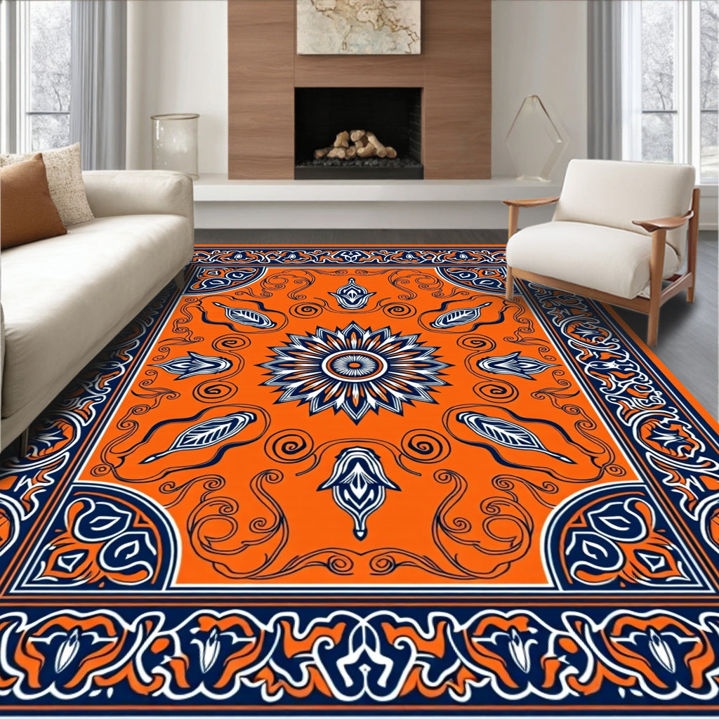 Vibrant Orange Navy Floral Border Rug