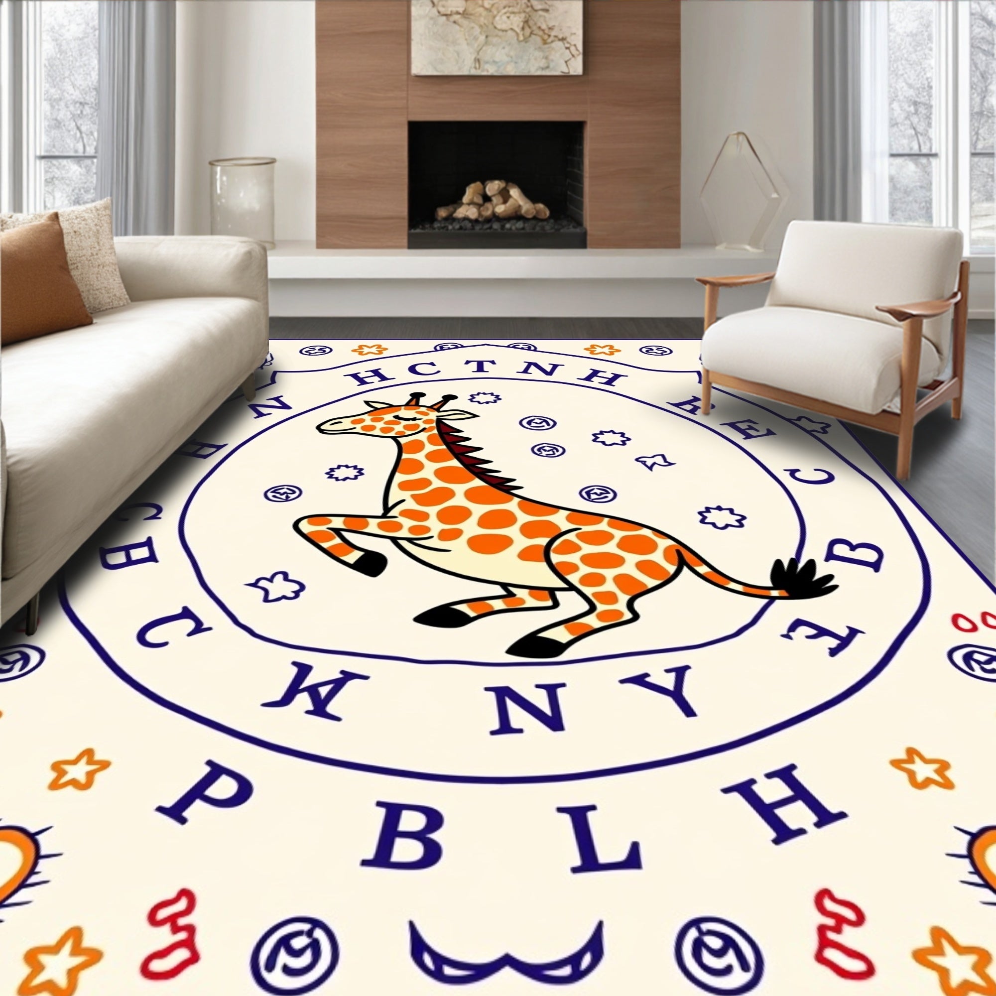 Whimsical Orange Giraffe Alphabet Circle Rug