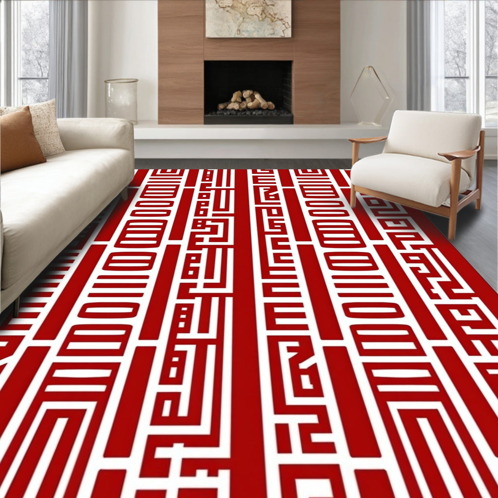 Bold Red Geometric Maze Stripe Rug