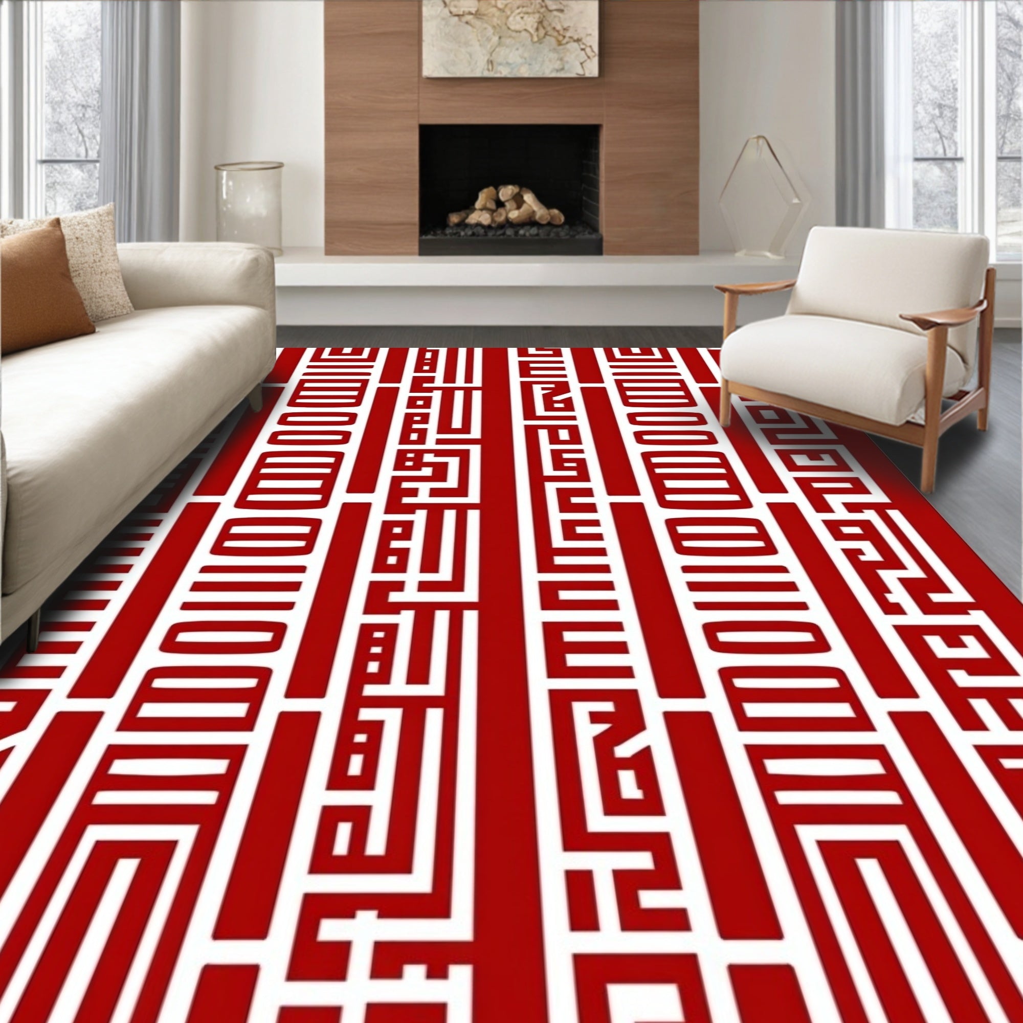 Bold Red Geometric Maze Stripe Rug