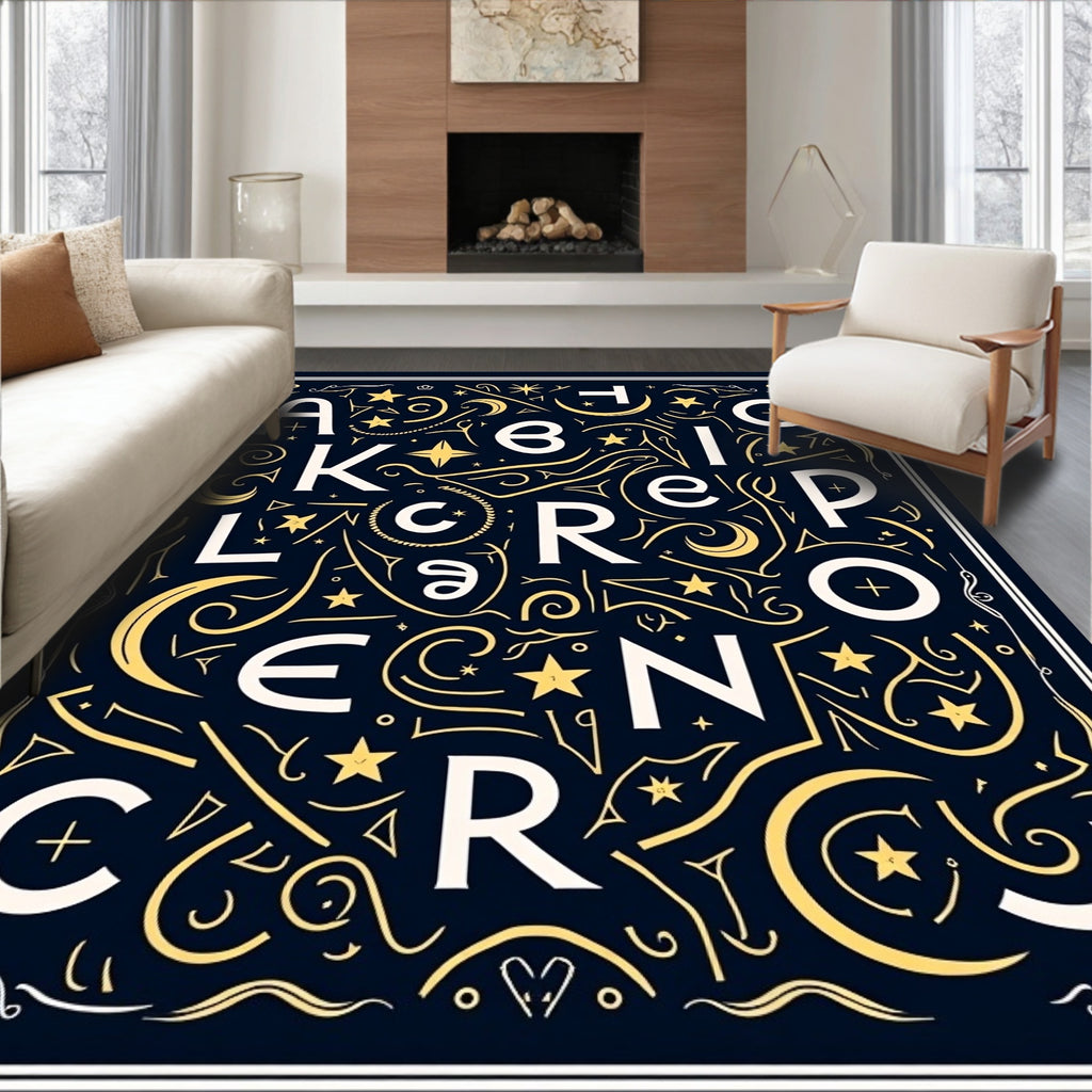 Celestial Alphabet Navy Geometric Rug