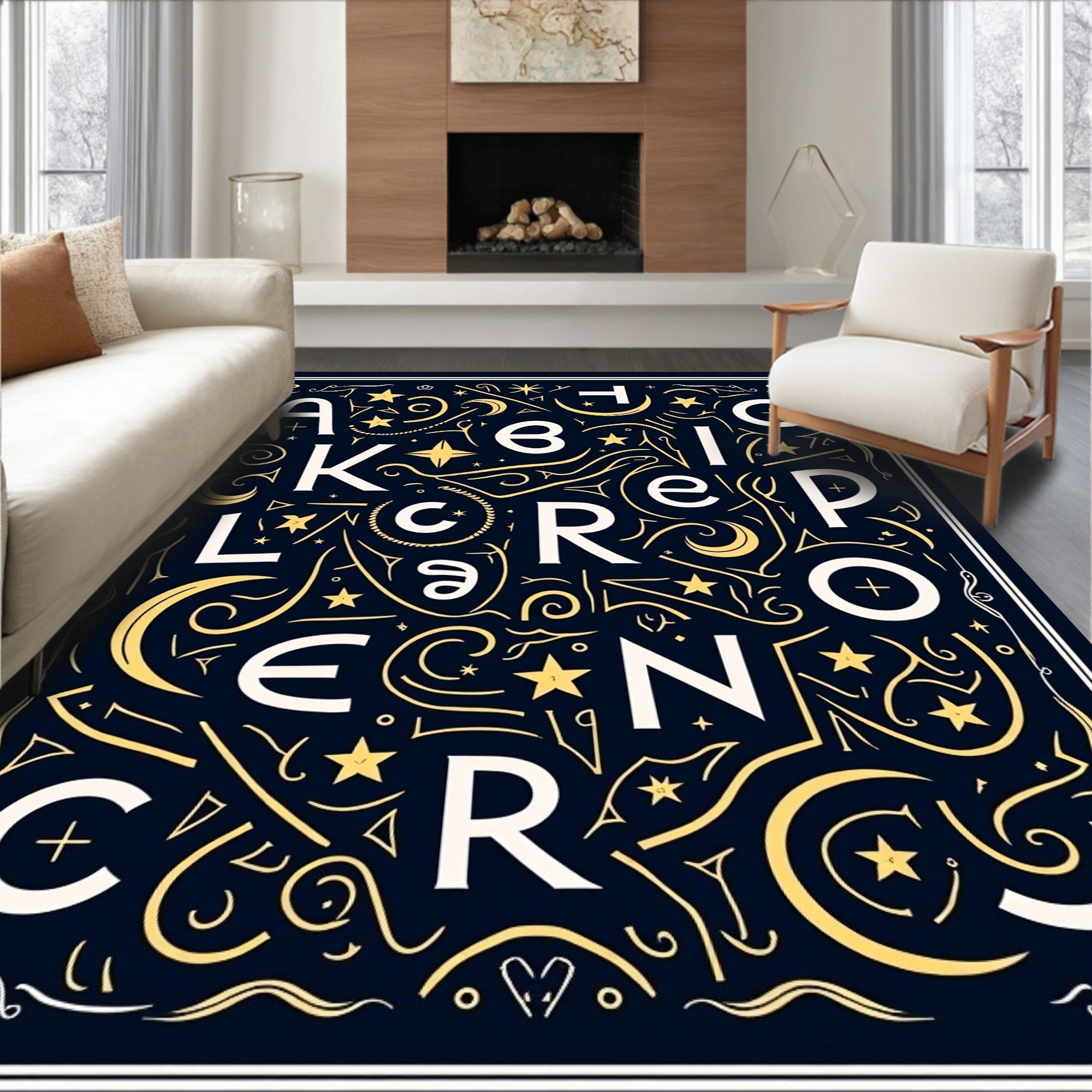 Celestial Alphabet Navy Geometric Rug