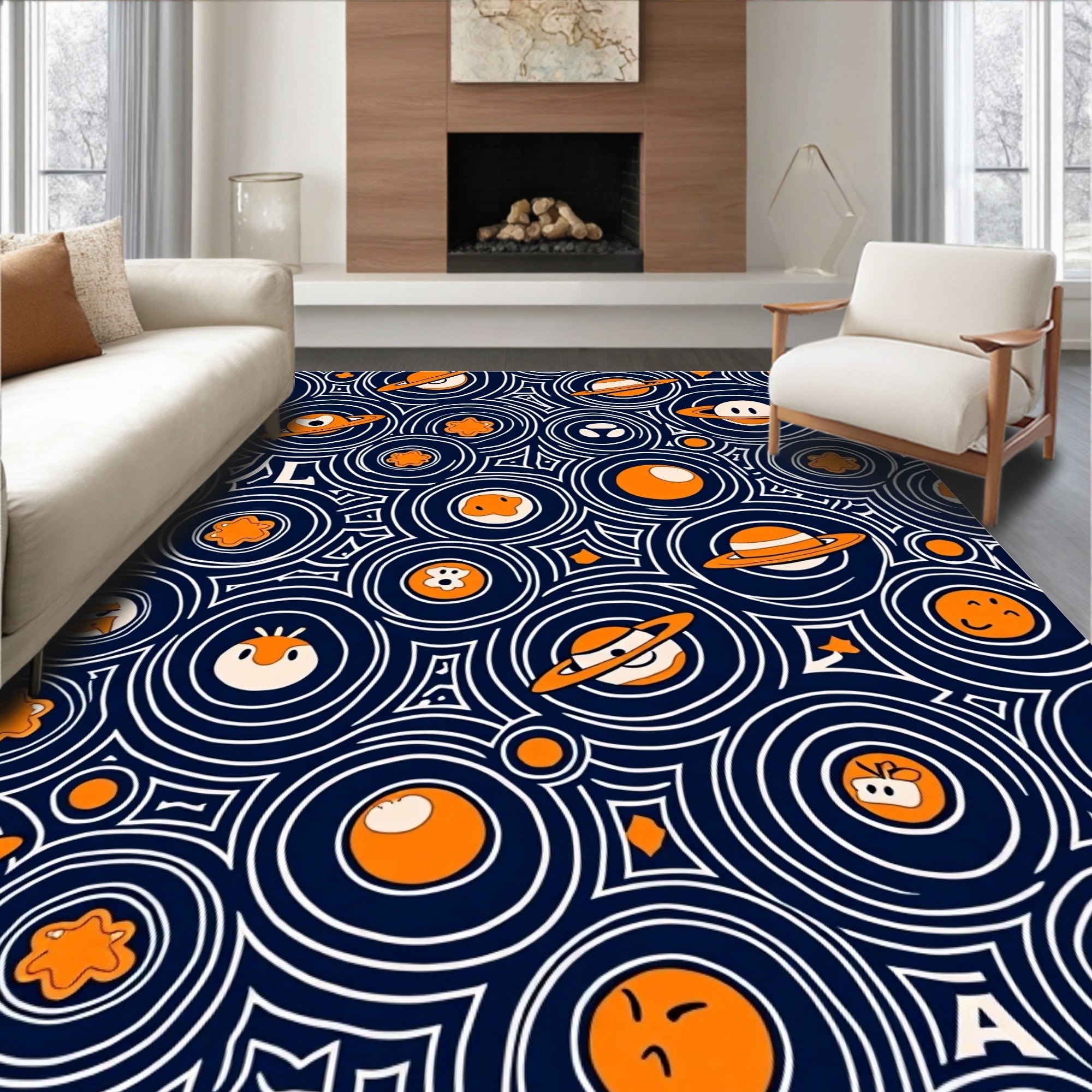 Whimsical Orange Space Circles Rug