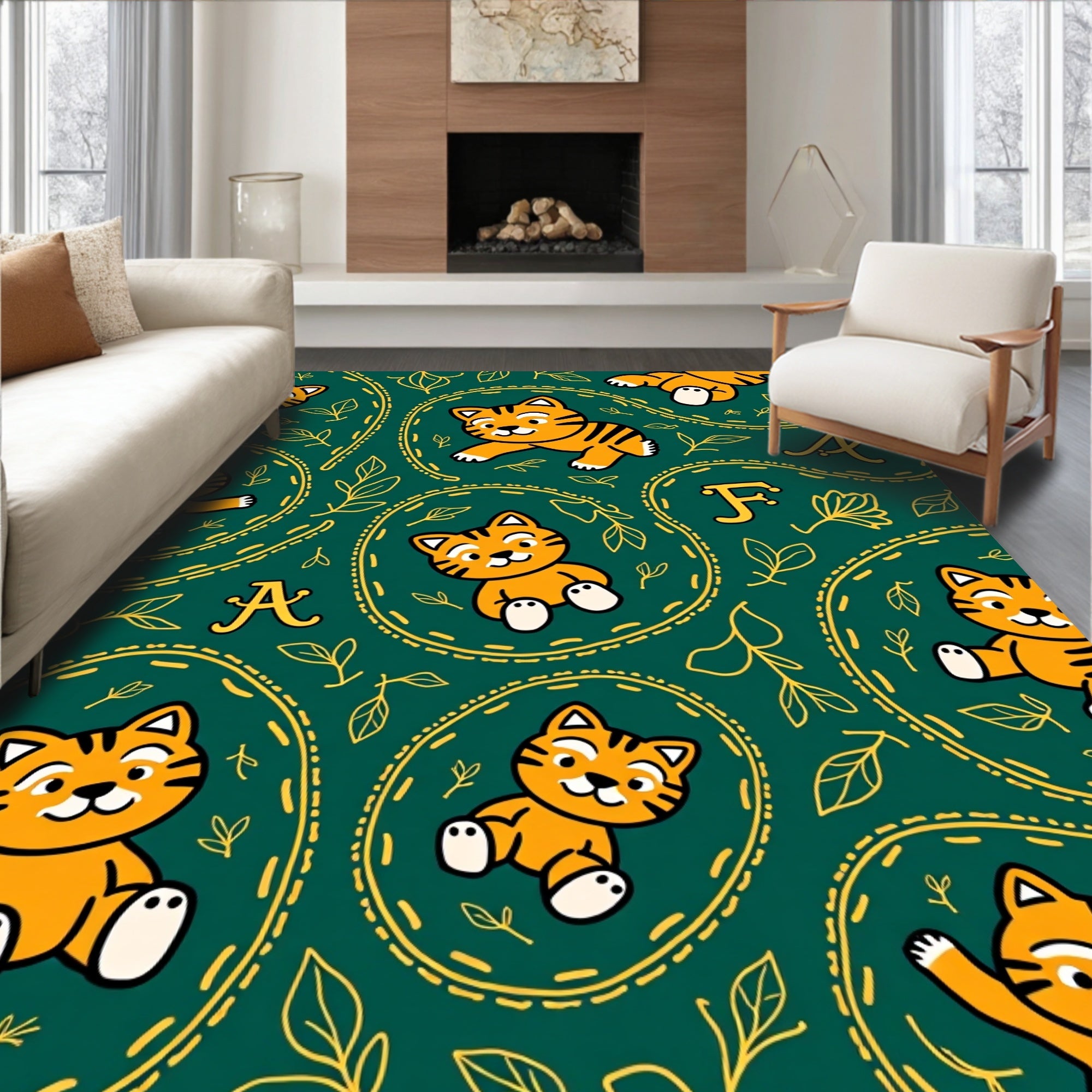 Cute Orange Tiger Leafy Swirls Rug