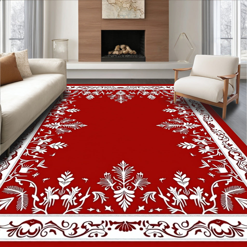 Classic White Floral Border Red Rug