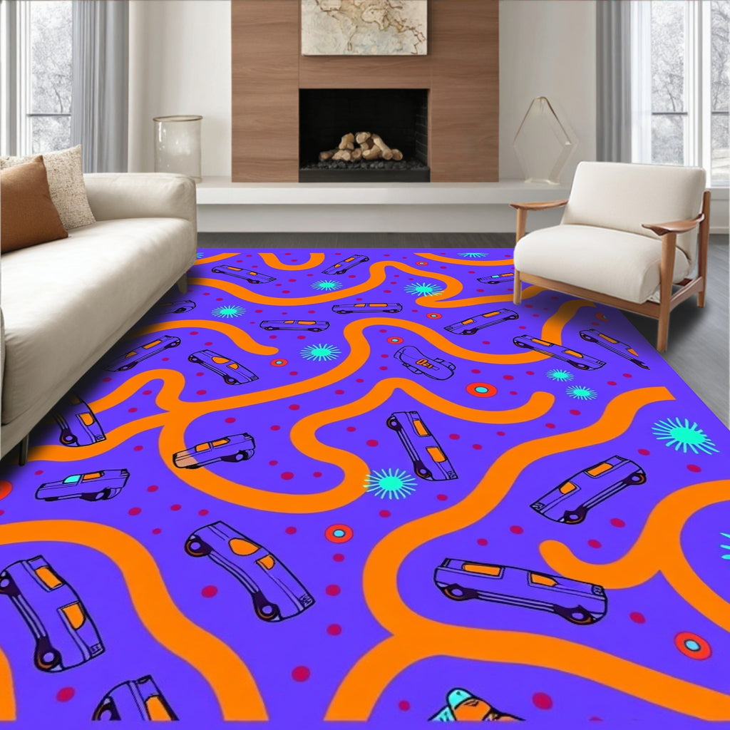 Retro Purple Car Road Trip Rug