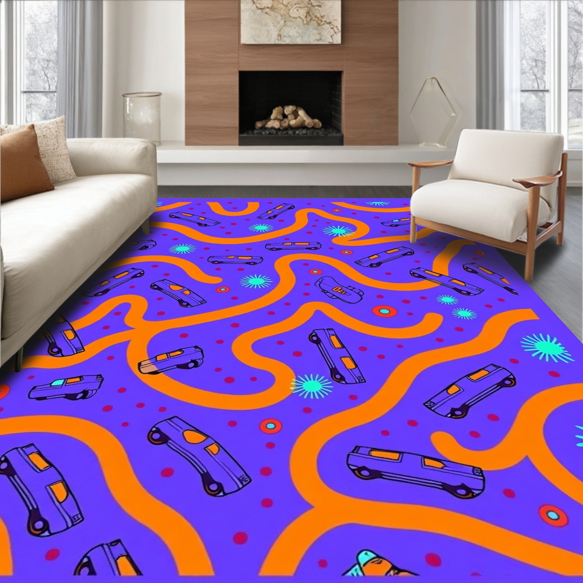 Retro Purple Car Road Trip Rug