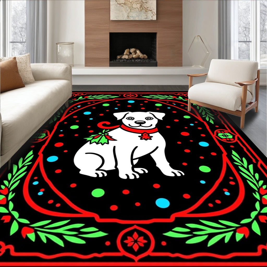 Festive white dog with red accents Rug