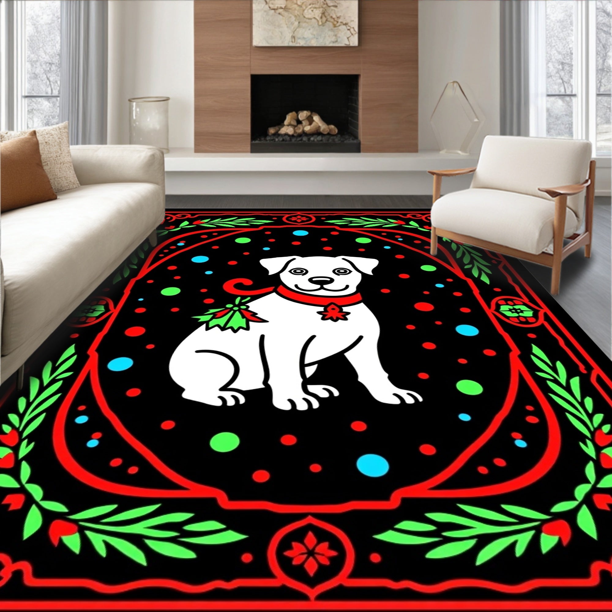 Festive white dog with red accents Rug