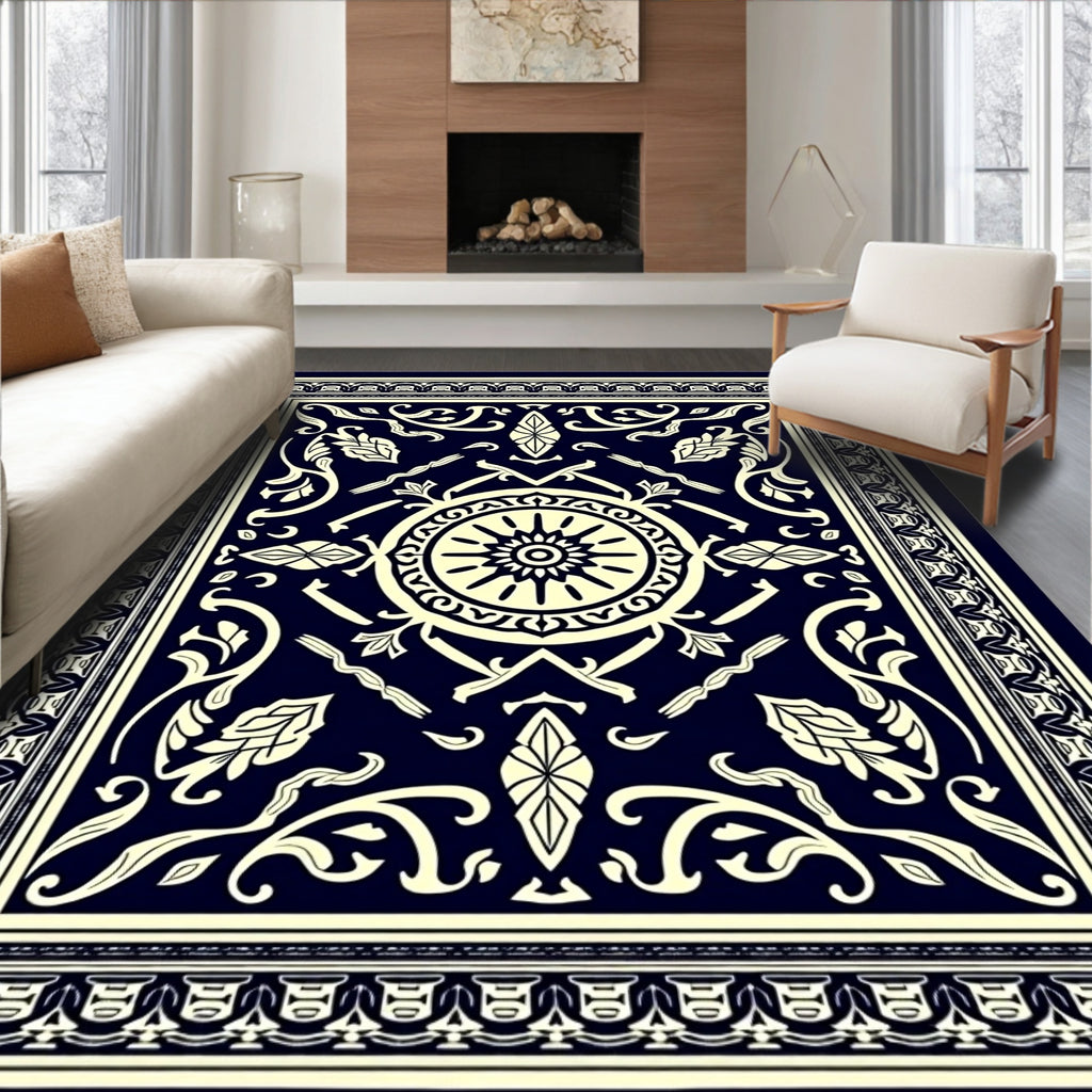 Dark Blue Cream Classic Floral Medallion Rug