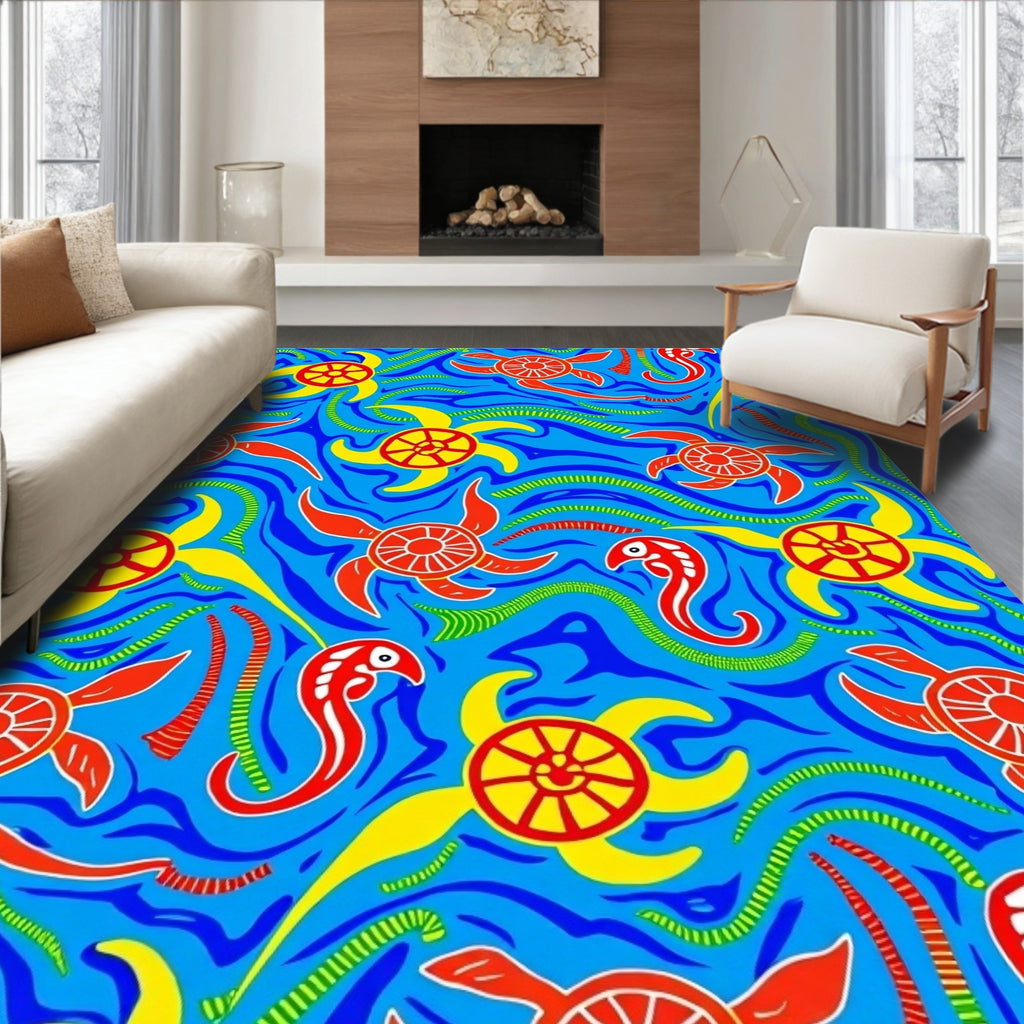 Vibrant Red Blue Turtle Sun Swirls Rug