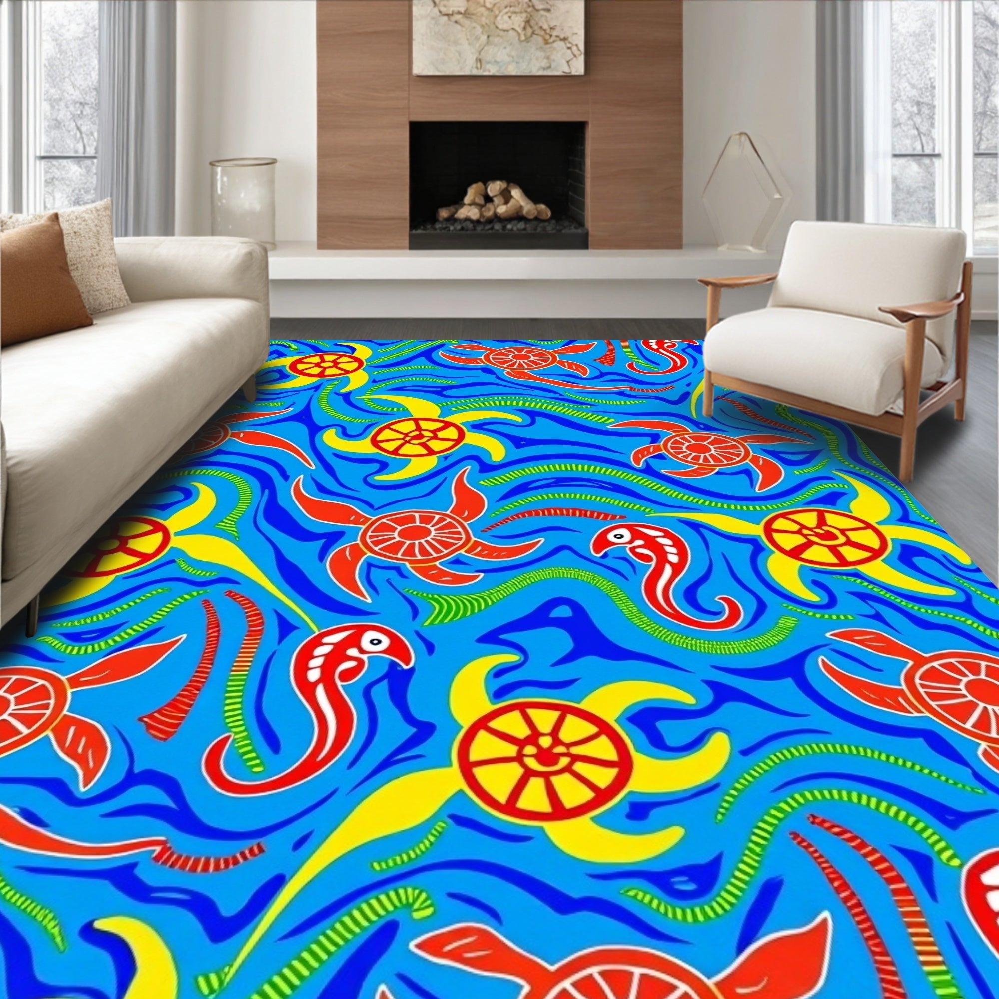 Vibrant Red Blue Turtle Sun Swirls Rug