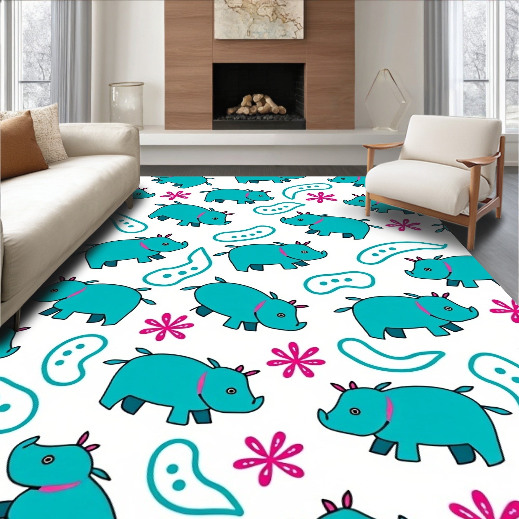 Turquoise Hippo And Pink Floral Rug