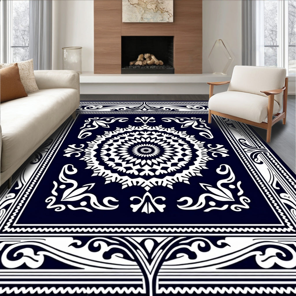 Navy White Intricate Mandala Border Rug