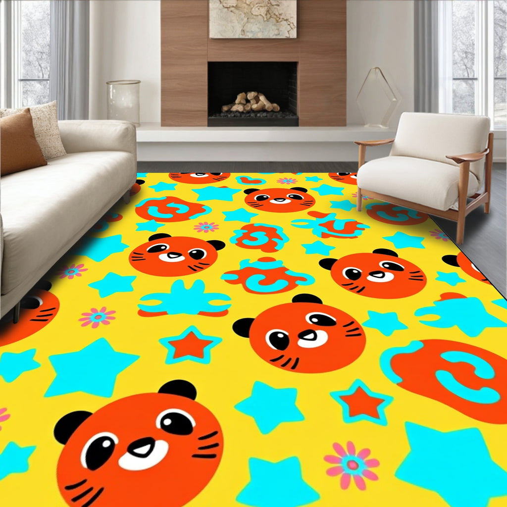 Cheery Orange Panda Stars Flowers Rug