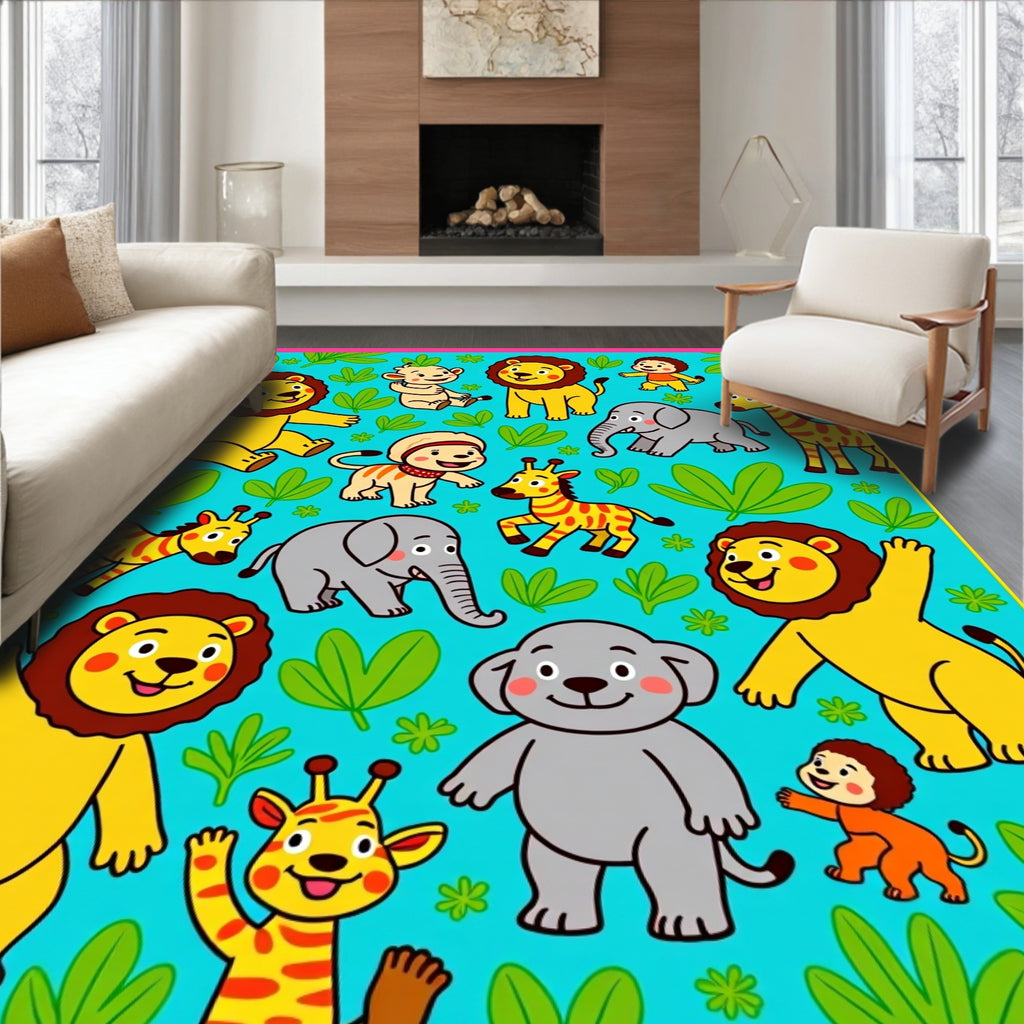 Cute Jungle Animals and Leaves Rug