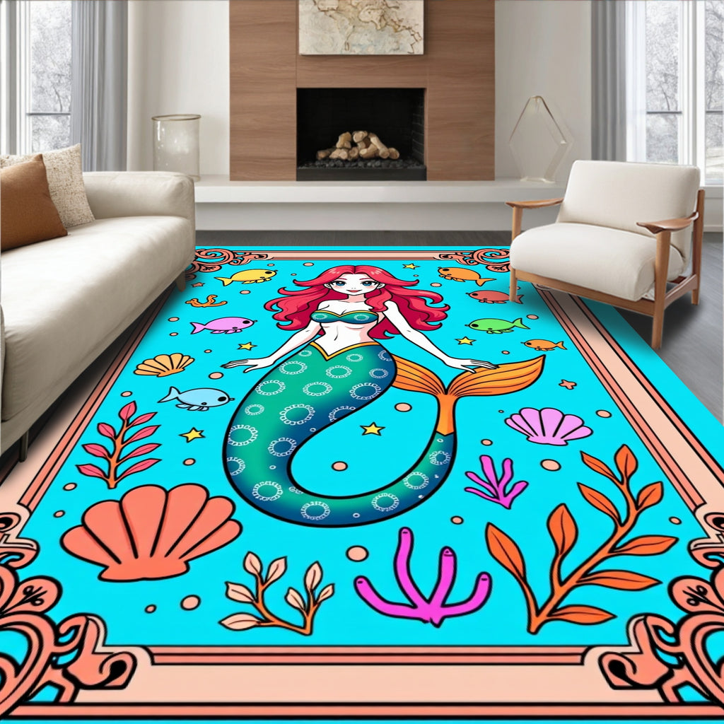 Aqua Mermaid With Coral And Fish Rug