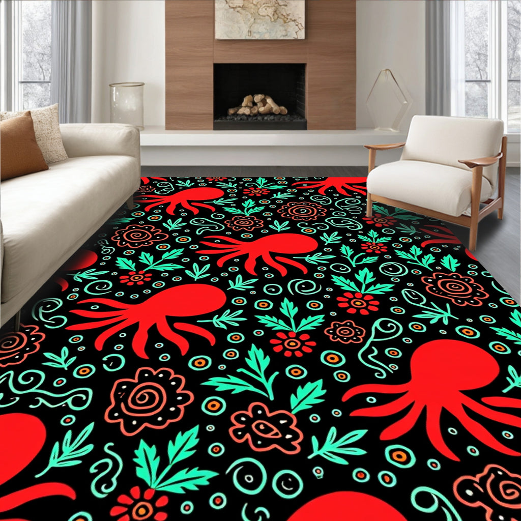 Red Octopus Floral Whimsical Folk Art Rug