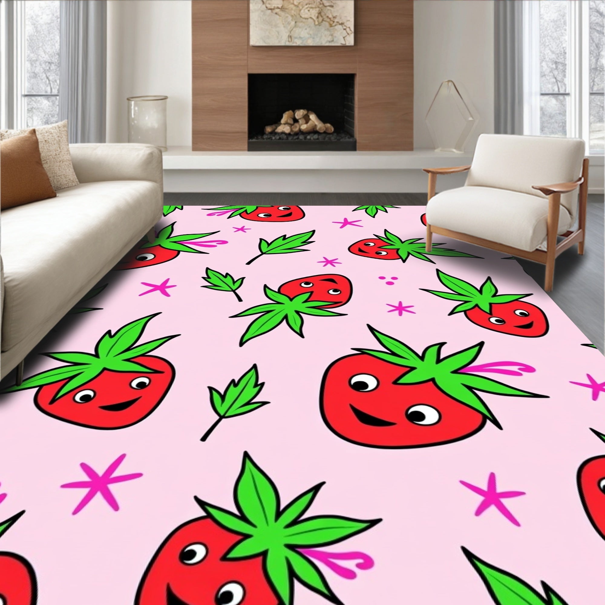 Whimsical Red Strawberry Pink Scattered Rug