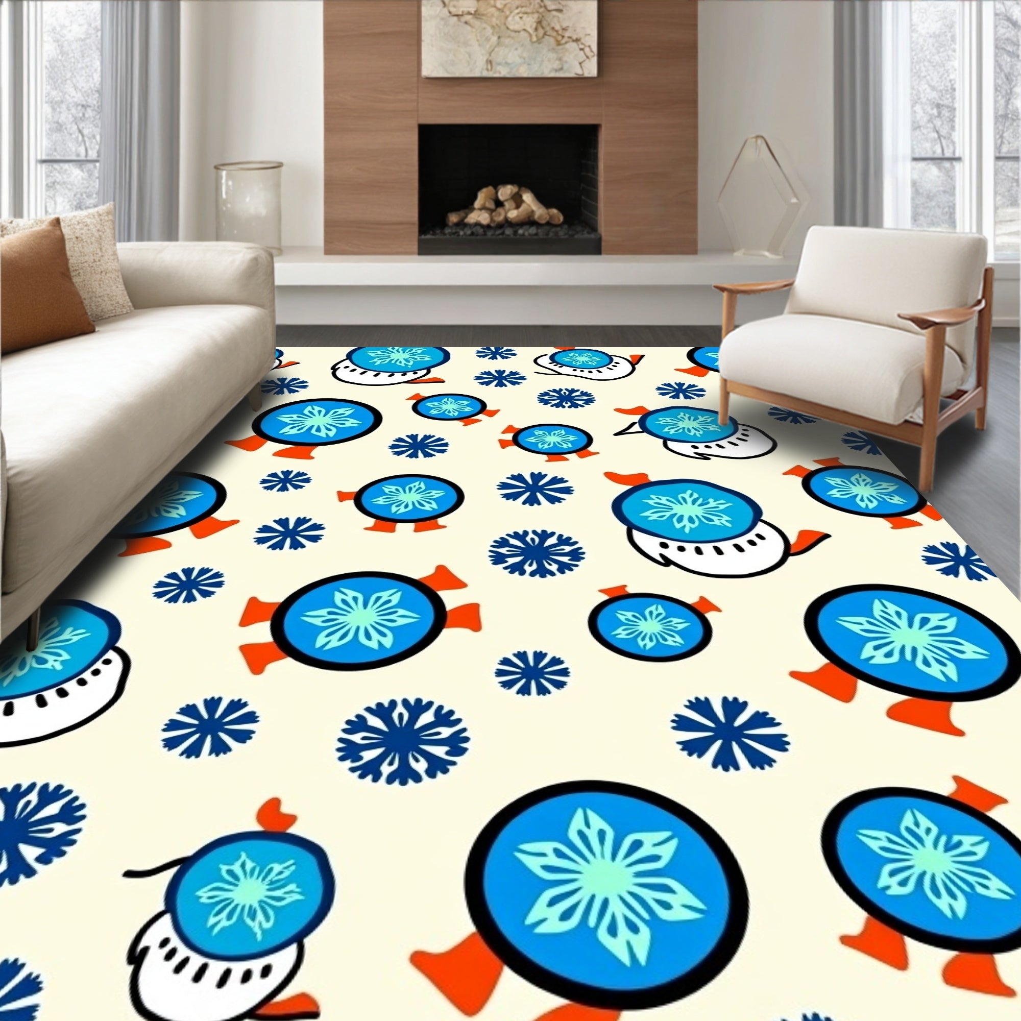 Blue Snowflake Circle Repeating Design Rug