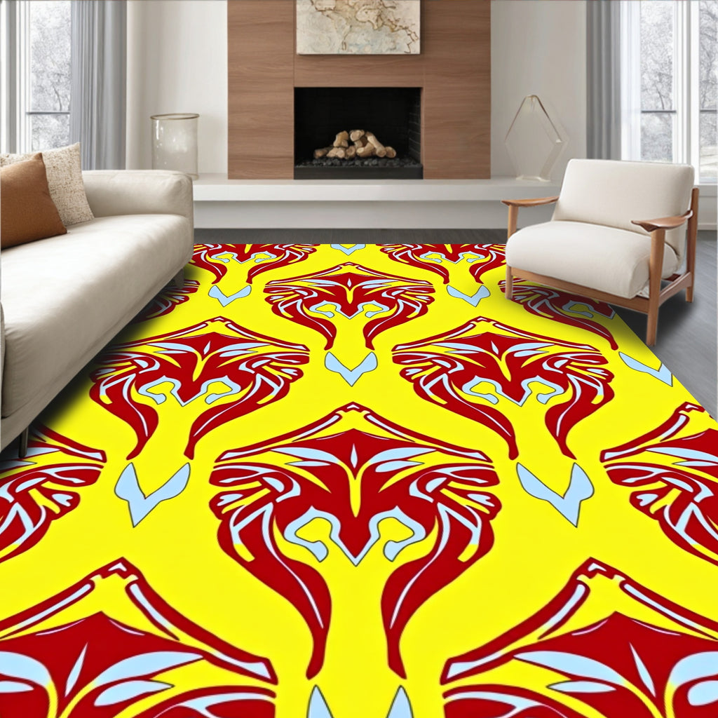 Bold red symmetrical crests yellow background Rug