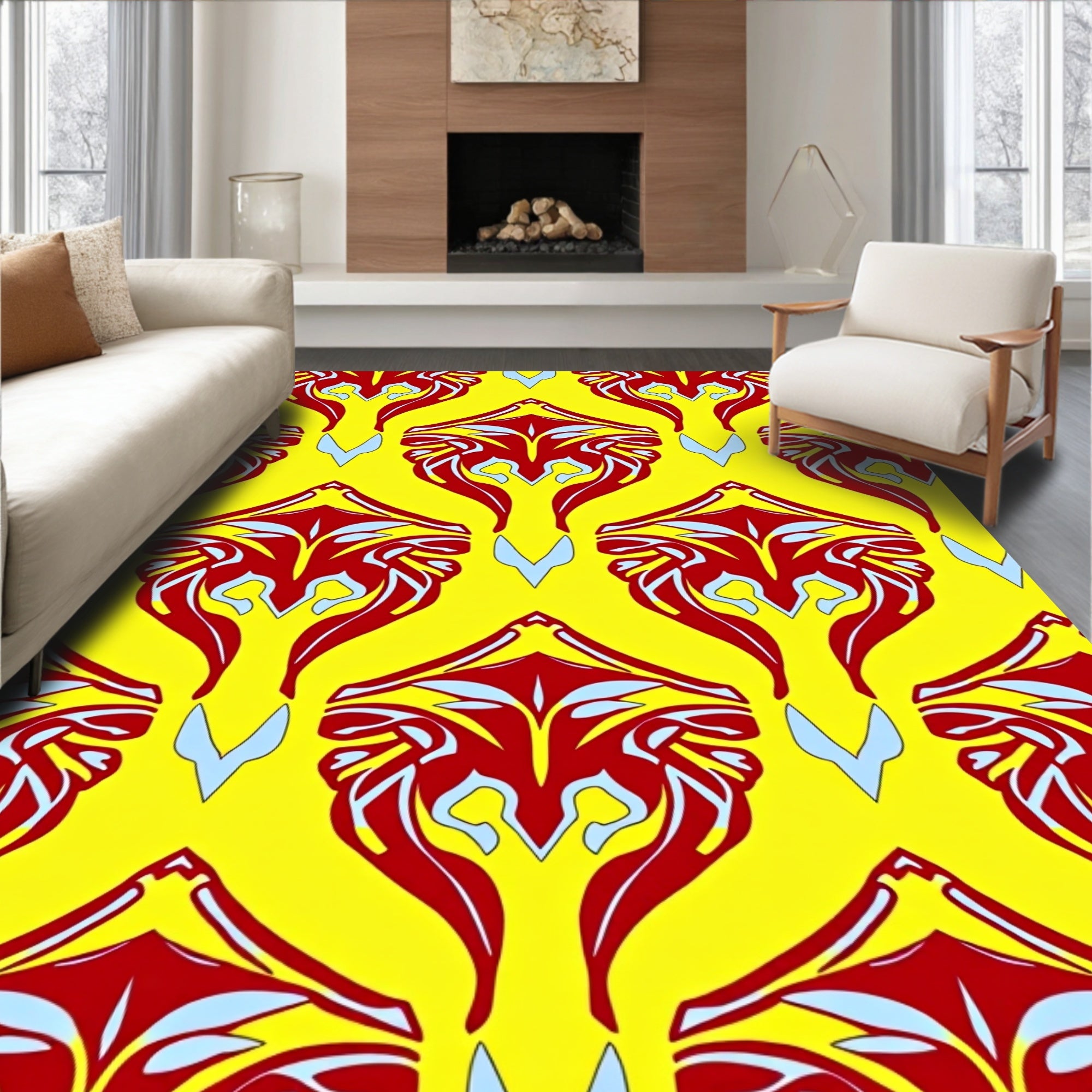 Bold red symmetrical crests yellow background Rug