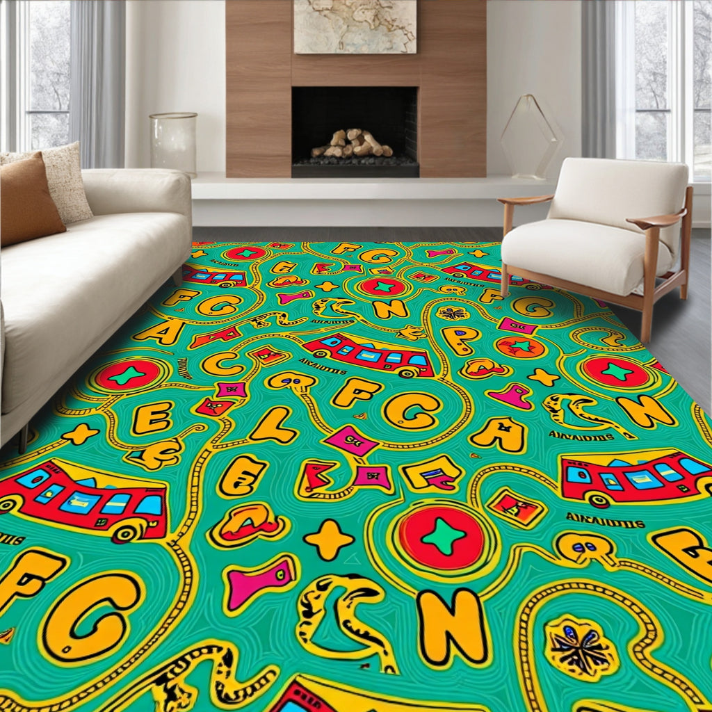 Playful Red Bus Alphabet Adventure Rug