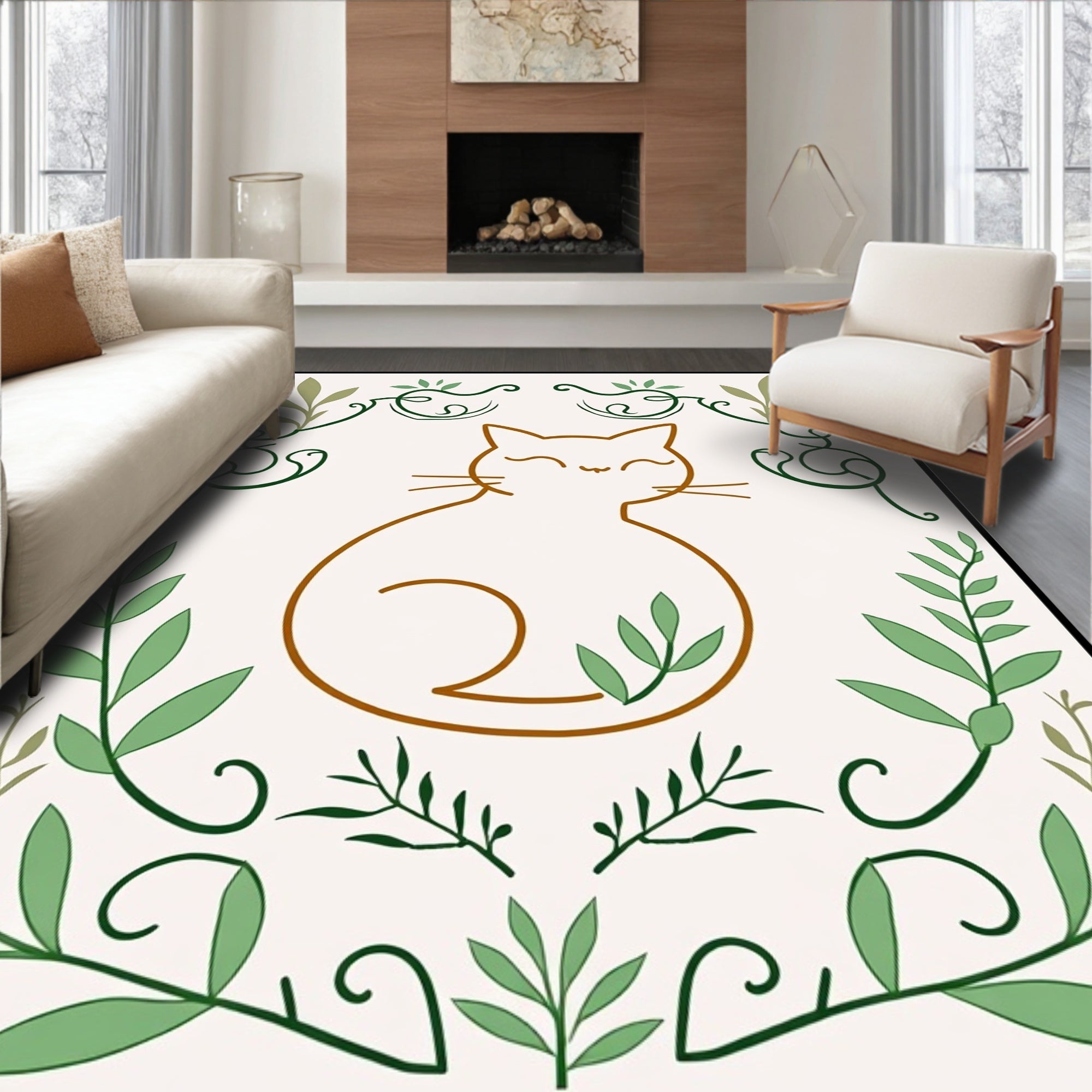 Charming Brown Cat Green Foliage Border Rug