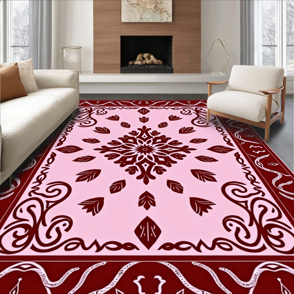 Crimson Floral Medallion Pink Border Rug